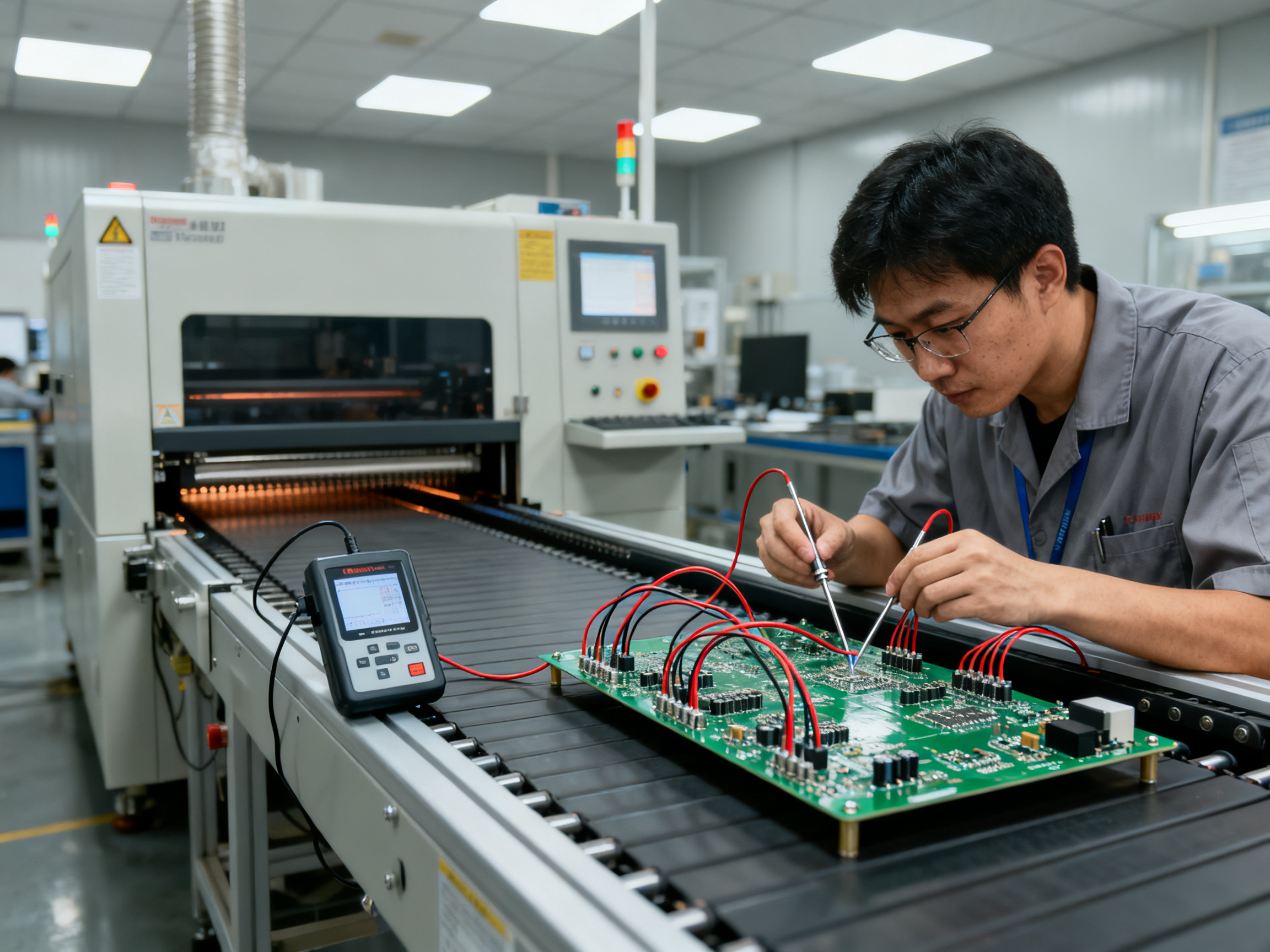 Reflow Oven Price Guide: Global Trends, Brand Breakdown, and Regional Comparisons (2026)2 - S&M Co.Ltd Engineer performing thermal profiling validation on a PCB assembly in an electronics manufacturing environment with monitoring equipment visible.