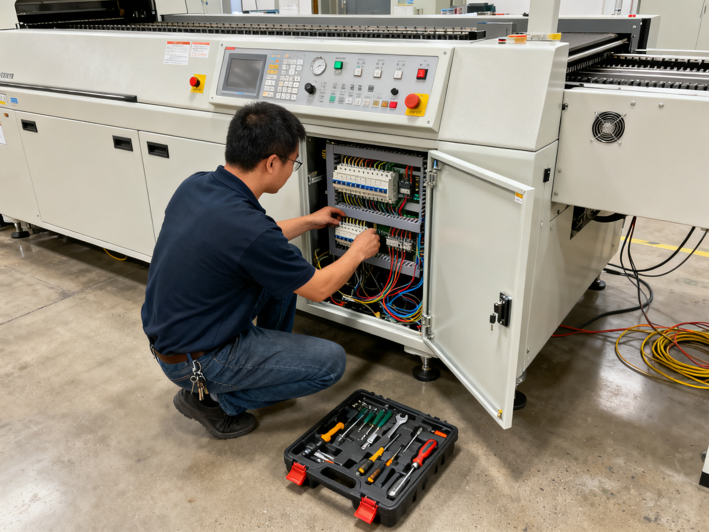Reflow Oven Price Guide: Global Trends, Brand Breakdown, and Regional Comparisons (2026)3 - S&M Co.Ltd SMT equipment service technician opening the control panel of a reflow oven for maintenance and inspection work showing electronic components inside.