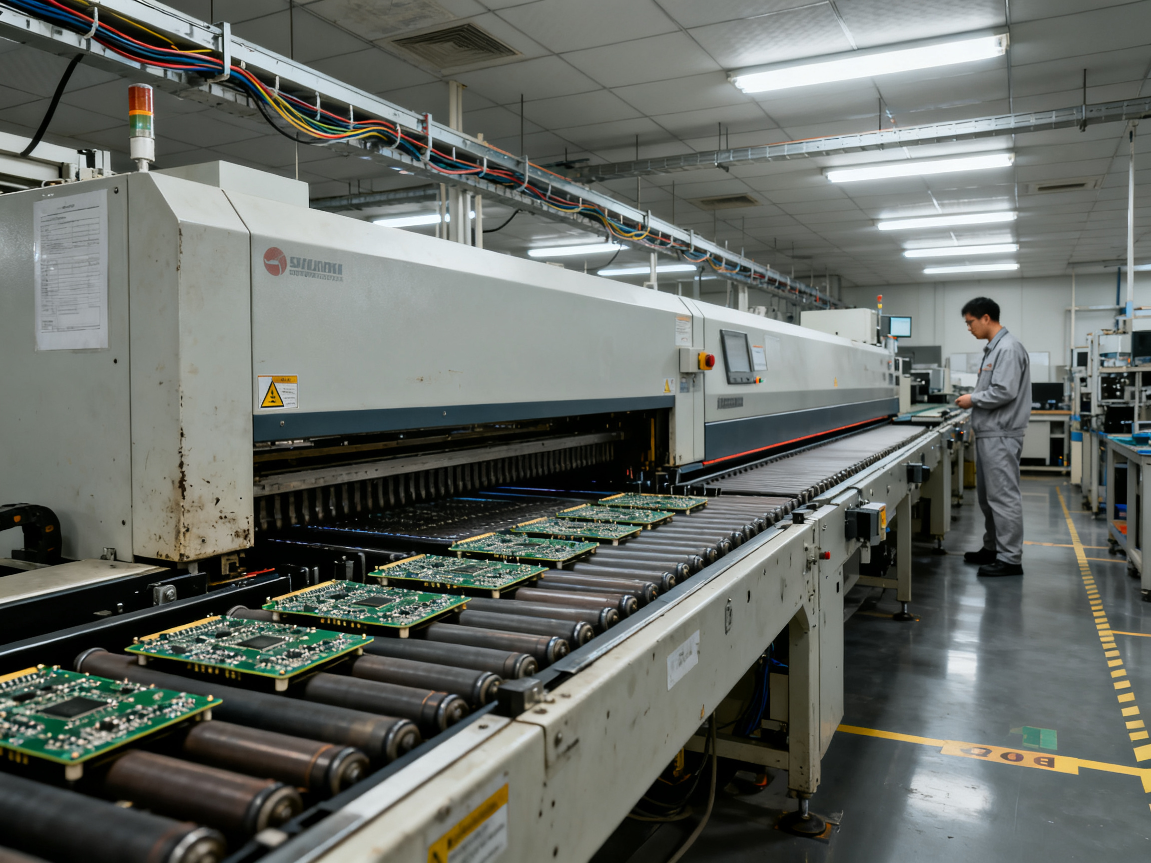 Smt factory production line with reflow oven in mid ground conveyor carrying populated circuit boards.