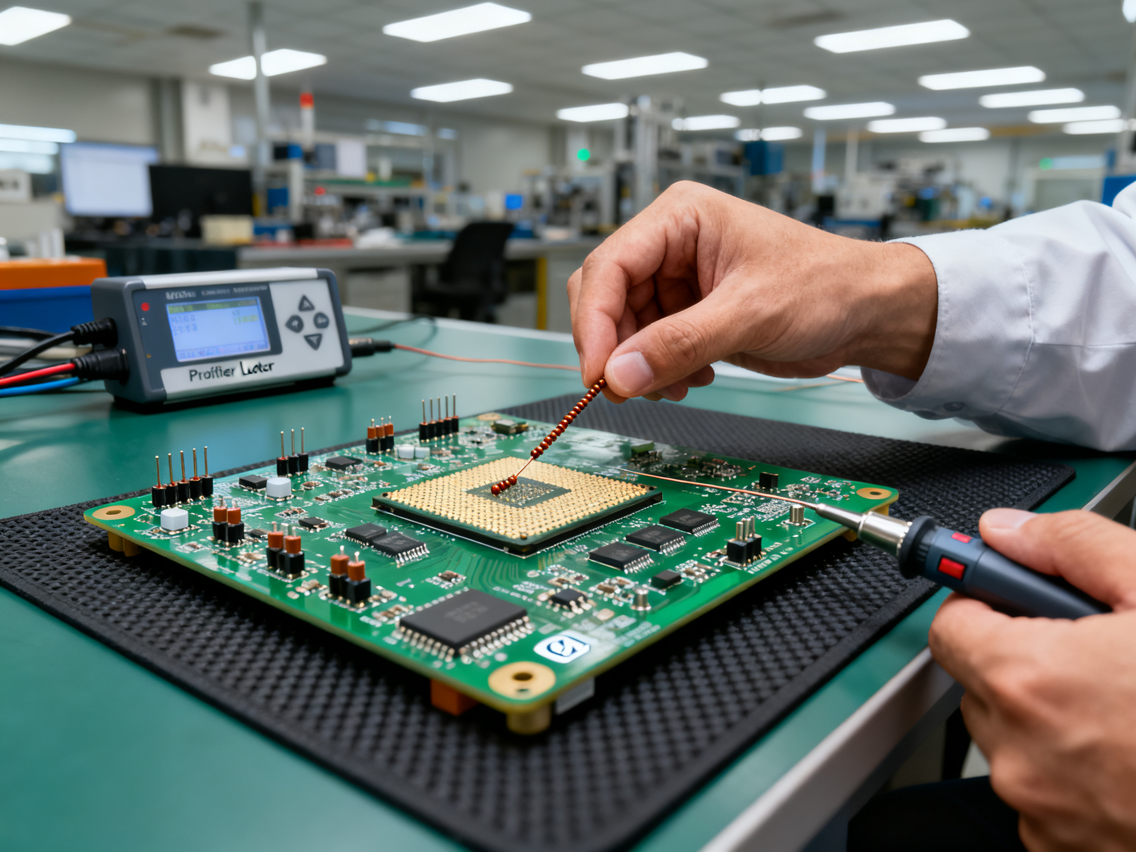 Close up documentary scene of engineer hand placing thin thermocouple sensor bead on populated circuit board for profile measurement.