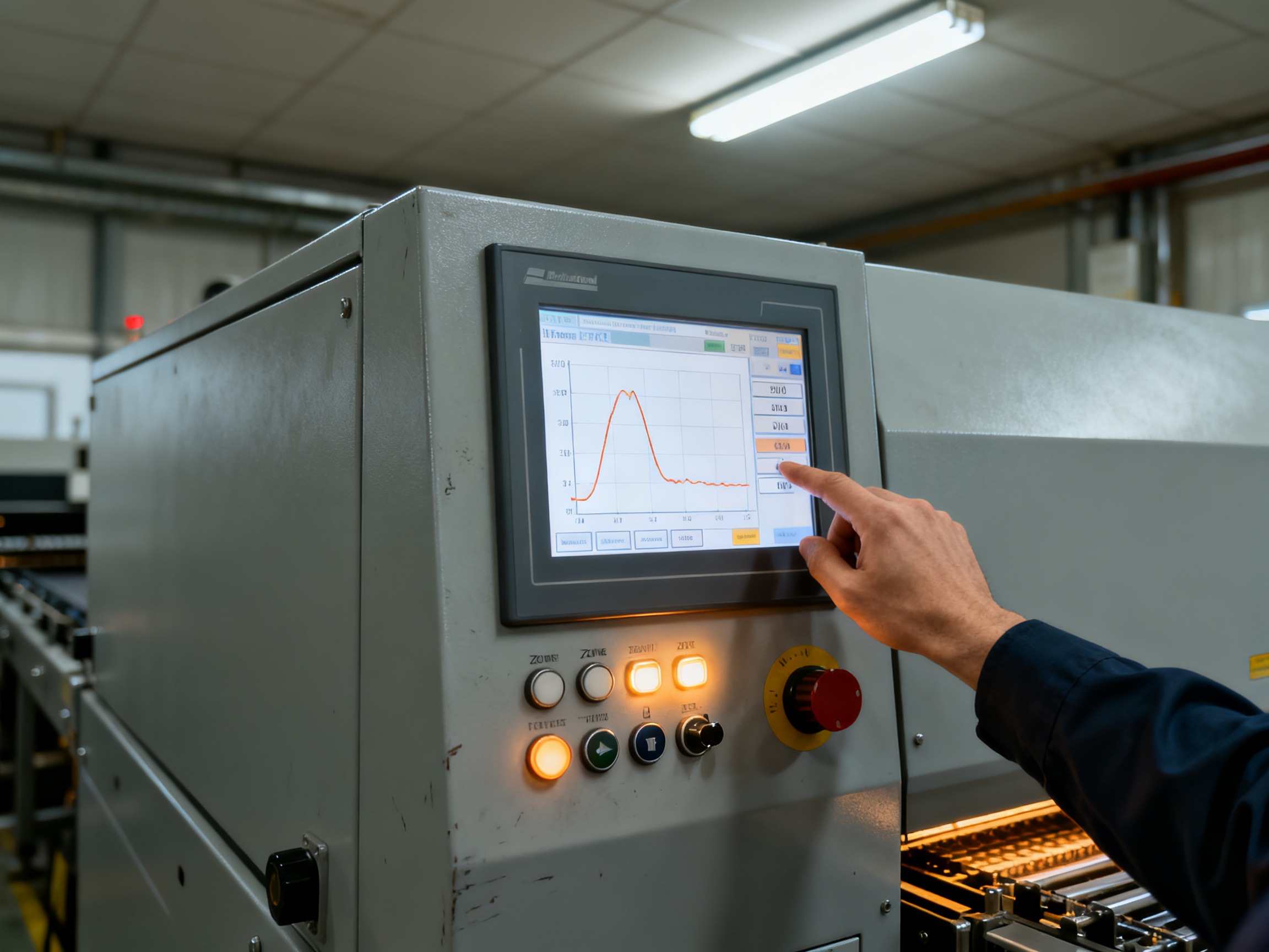 Medium close up of reflow oven control panel interface with engineer hand adjusting zone temperatures and conveyor speed settings.