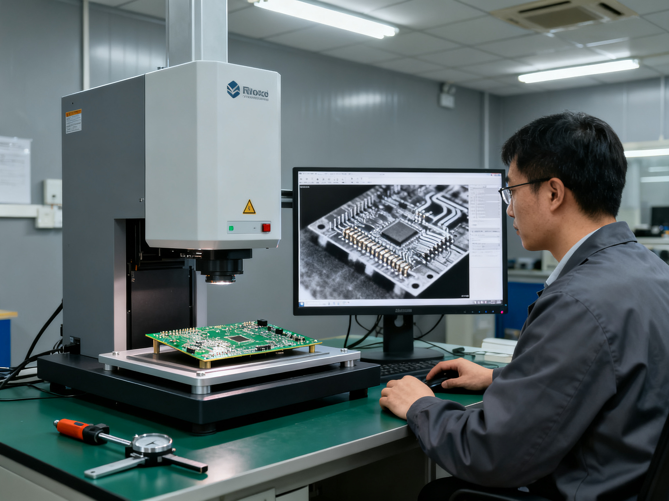 QC inspection station in electronics factory with x-ray machine examining assembled circuit boards for defects and void analysis.