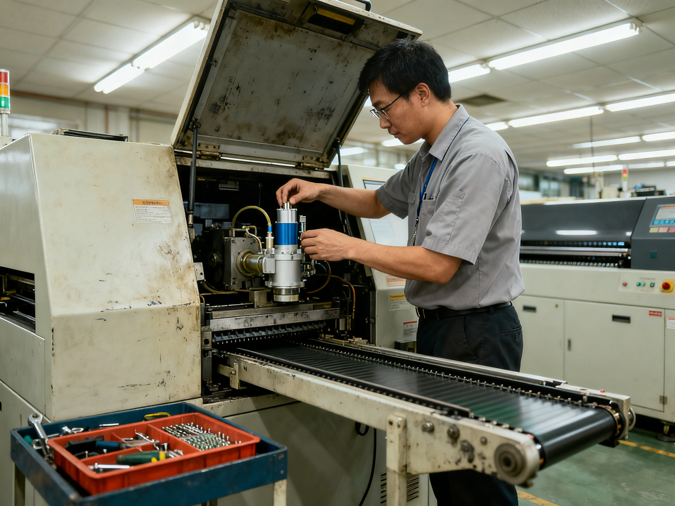 Best Wave Soldering Machine Prices by Region: 2026 Comprehensive Guide2 - S&M Co.Ltd Industrial documentary photograph of a factory technician performing routine preventive maintenance on a wave soldering machine conveyor and heating system.