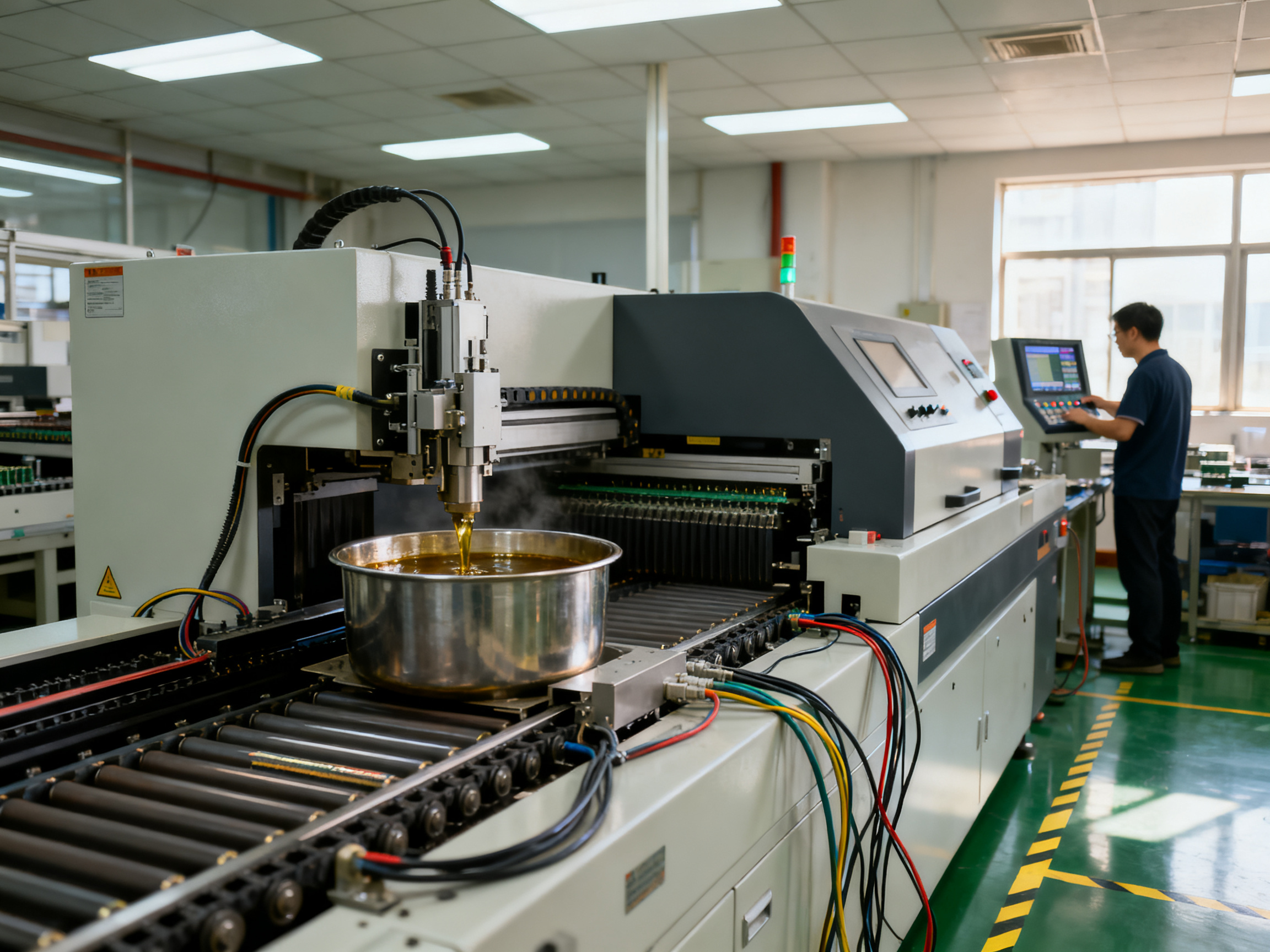 Best Wave Soldering Machine Prices by Region: 2026 Comprehensive Guide3 - S&M Co.Ltd Industrial documentary photograph of a wave soldering machine in an electronics factory showing full production line setup and automation features.
