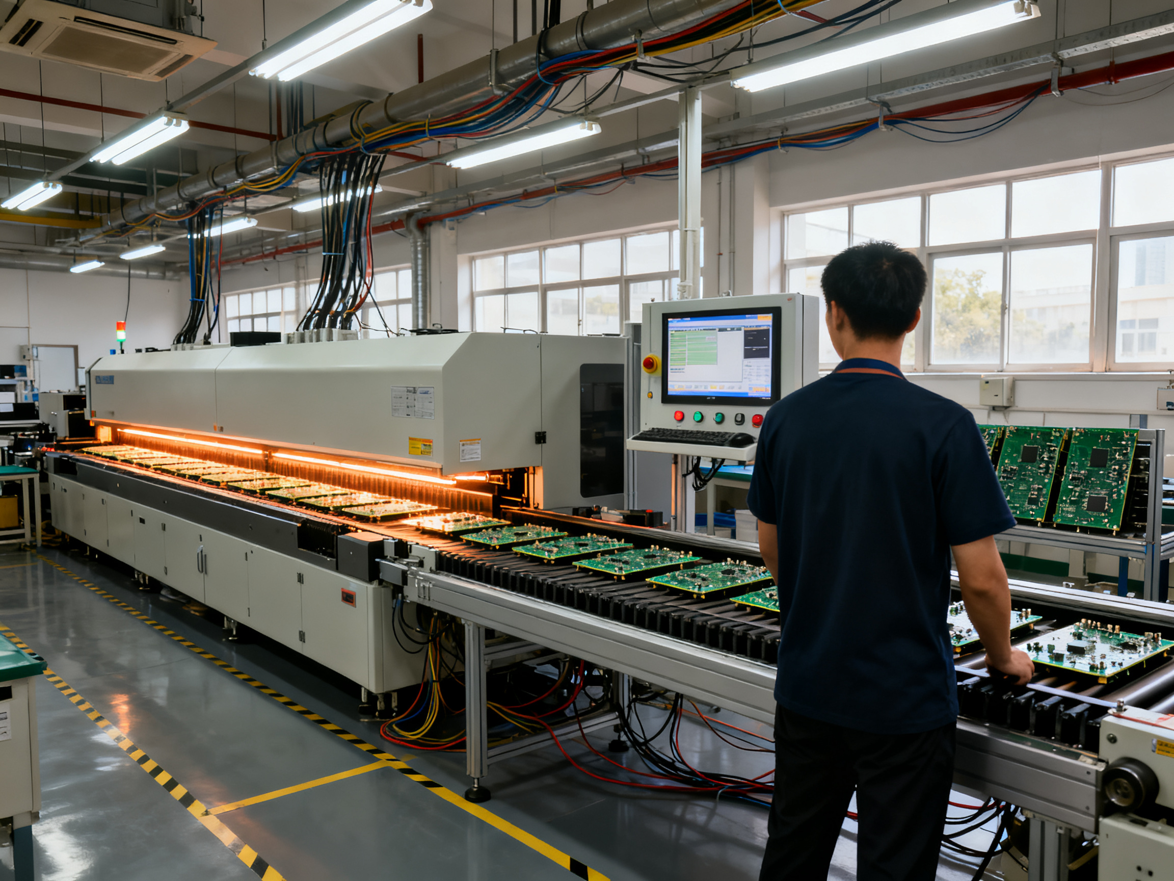 Electronics assembly line with conveyorized reflow oven populated PCBs moving through the system.