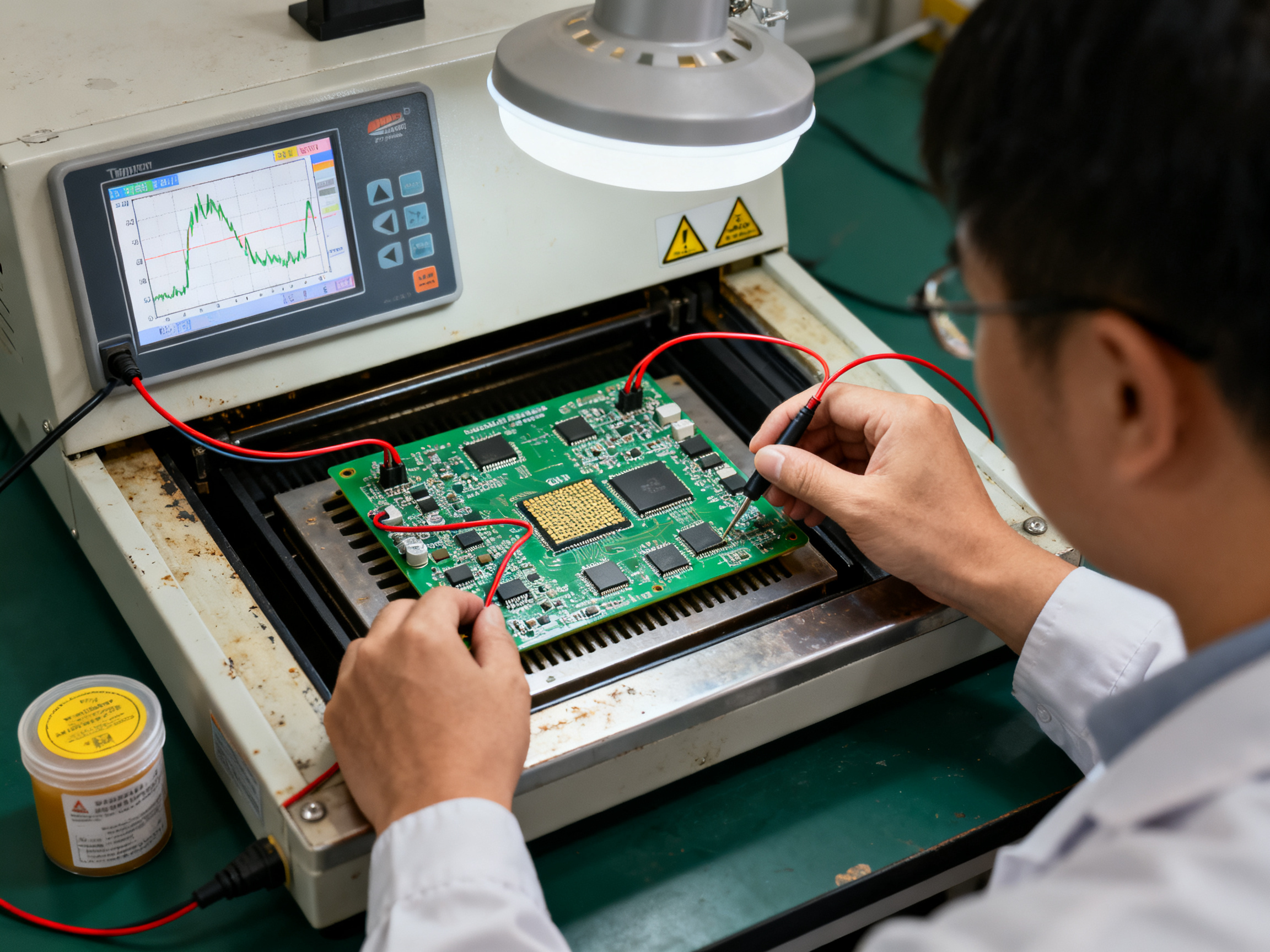 Engineer conducting thermocouple profiling on a populated circuit board inside a reflow oven for accurate thermal mapping.