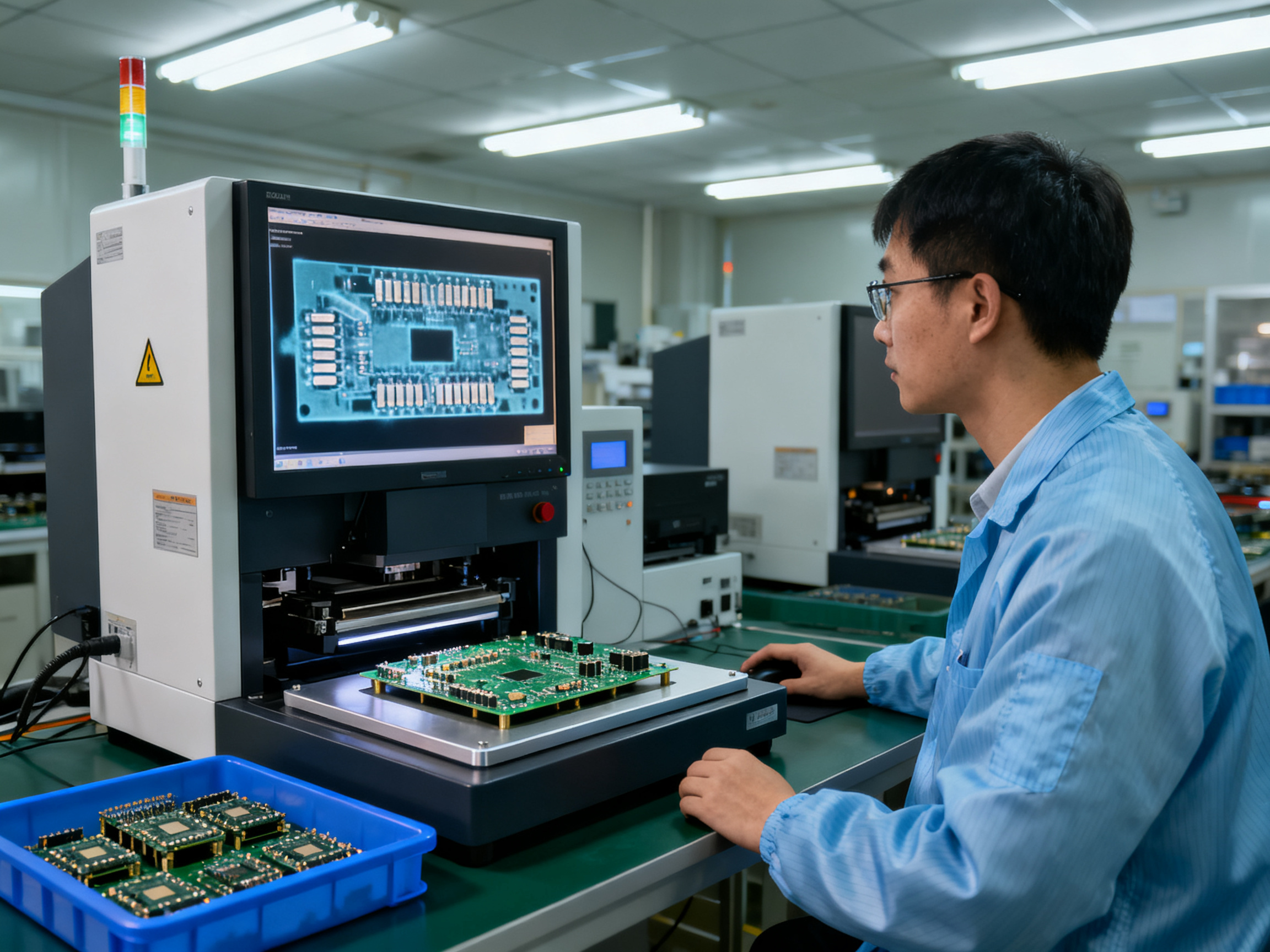X-ray inspection station for BGA and QFN joint quality control with engineer reviewing inspection results on screen.