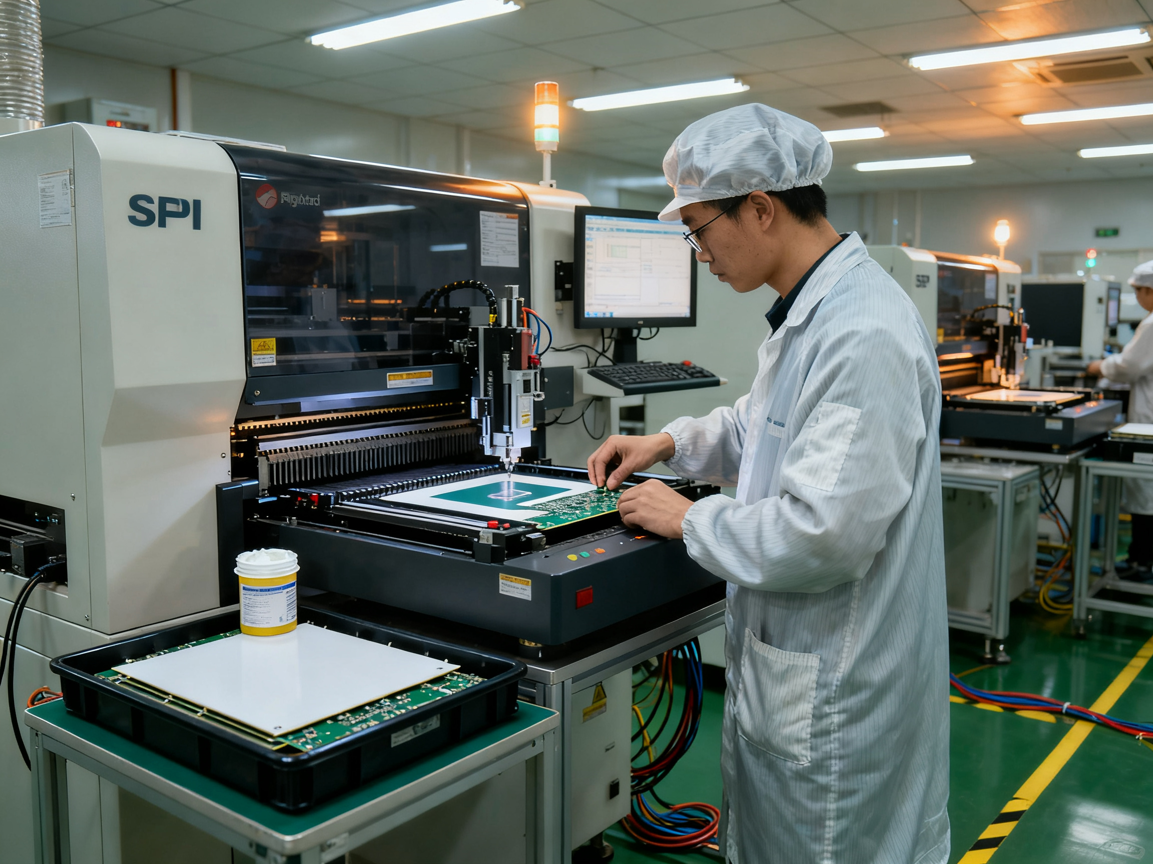 SMT stencil printing station with solder paste printer and SPI inspection machine for quality control.
