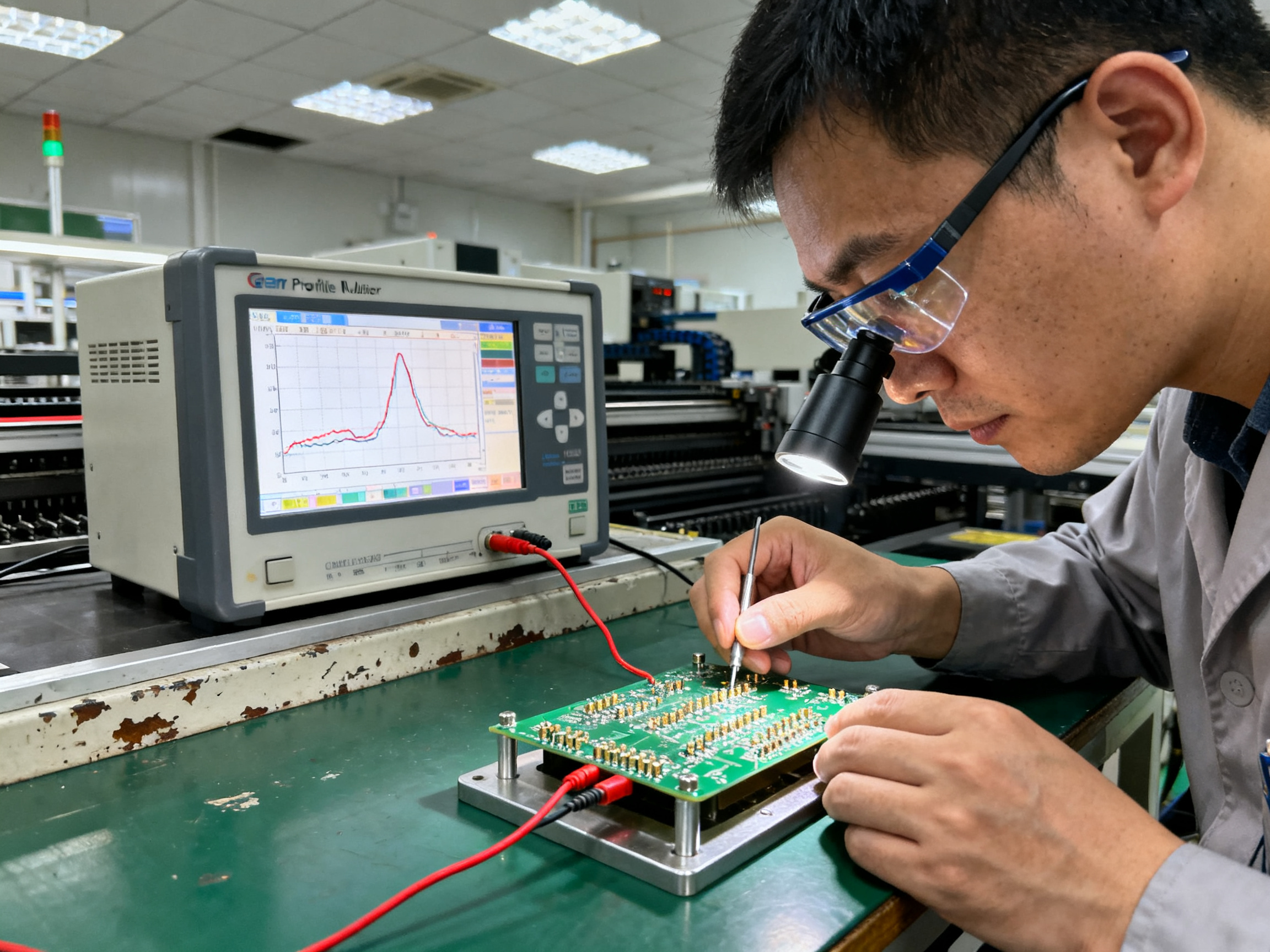 10 Best Selective Soldering Machines in 2026: Top Brands, Features & Expert Picks3 - S&M Co.Ltd Engineer in safety glasses examining soldered PCB joints under magnification or light.