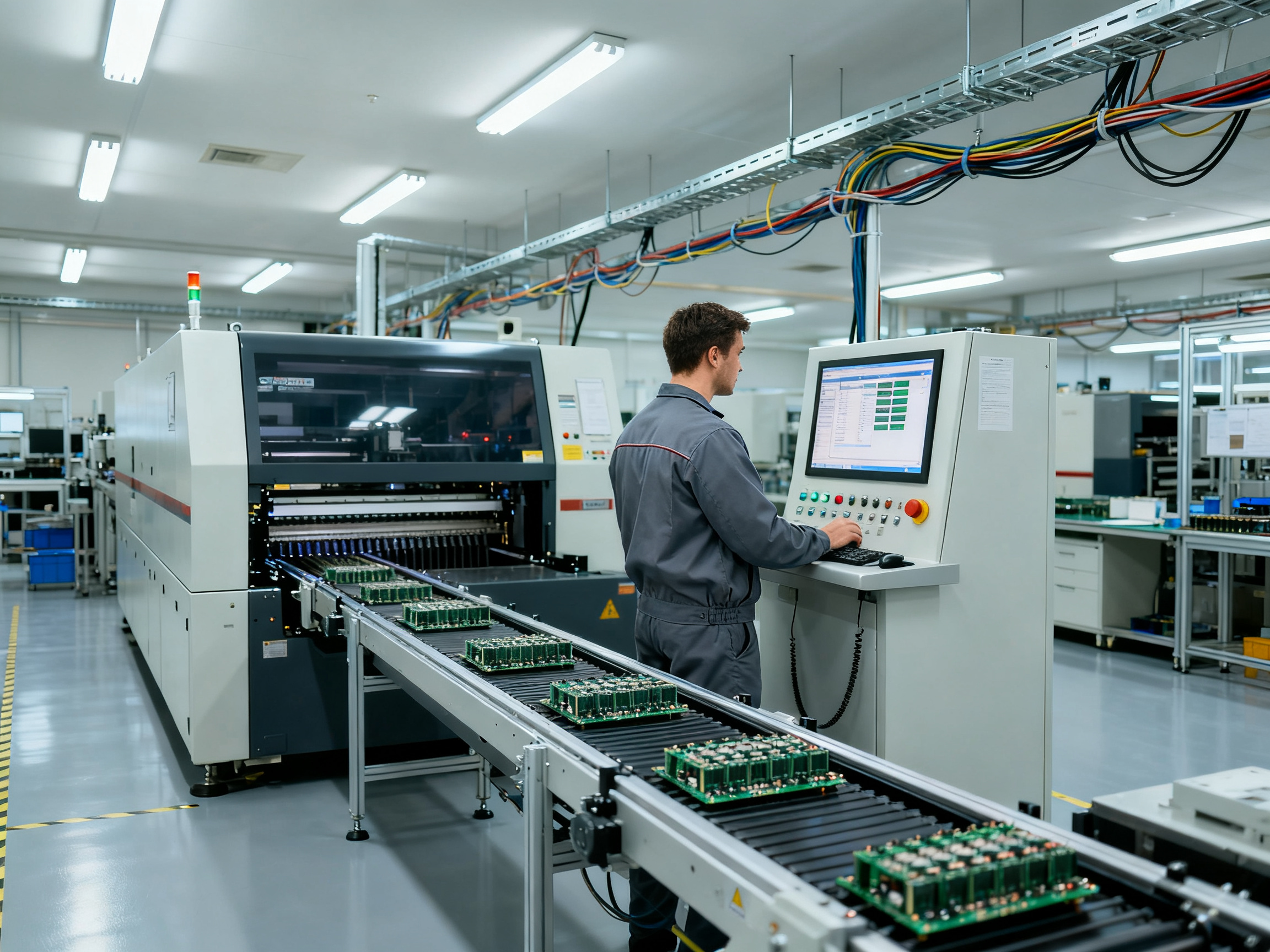 Medium shot of an electronics factory floor with a wave soldering machine in operation.