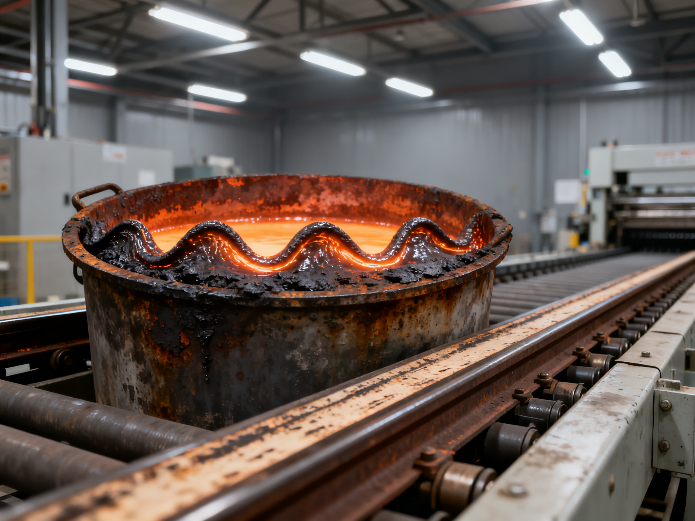 Close up practical view of wave solder pot and conveyor track with molten solder wave.