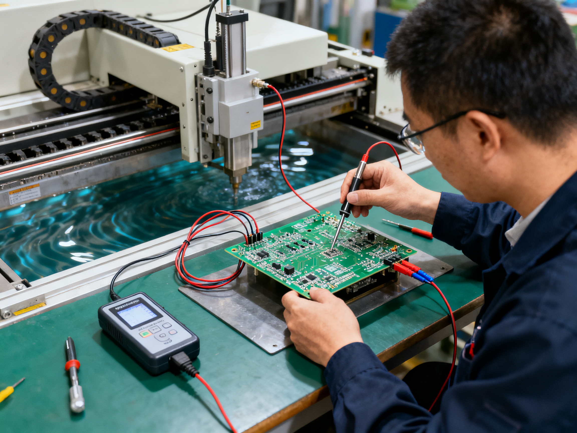 Engineer performing thermal profiling on a circuit board at a wave soldering setup.