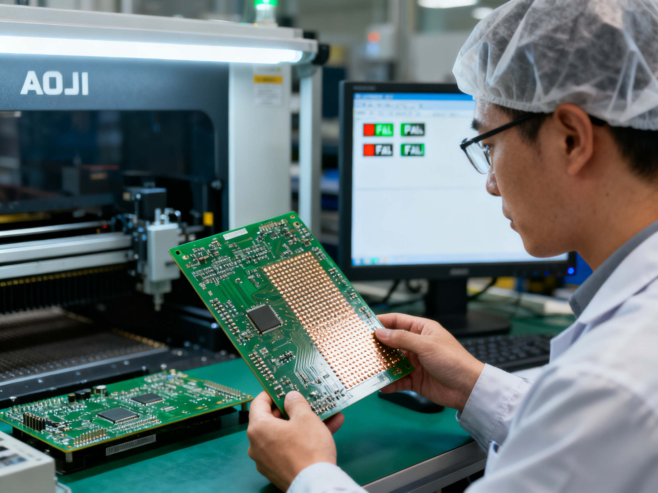 Engineer at quality inspection station examining a printed circuit board under bright lighting.