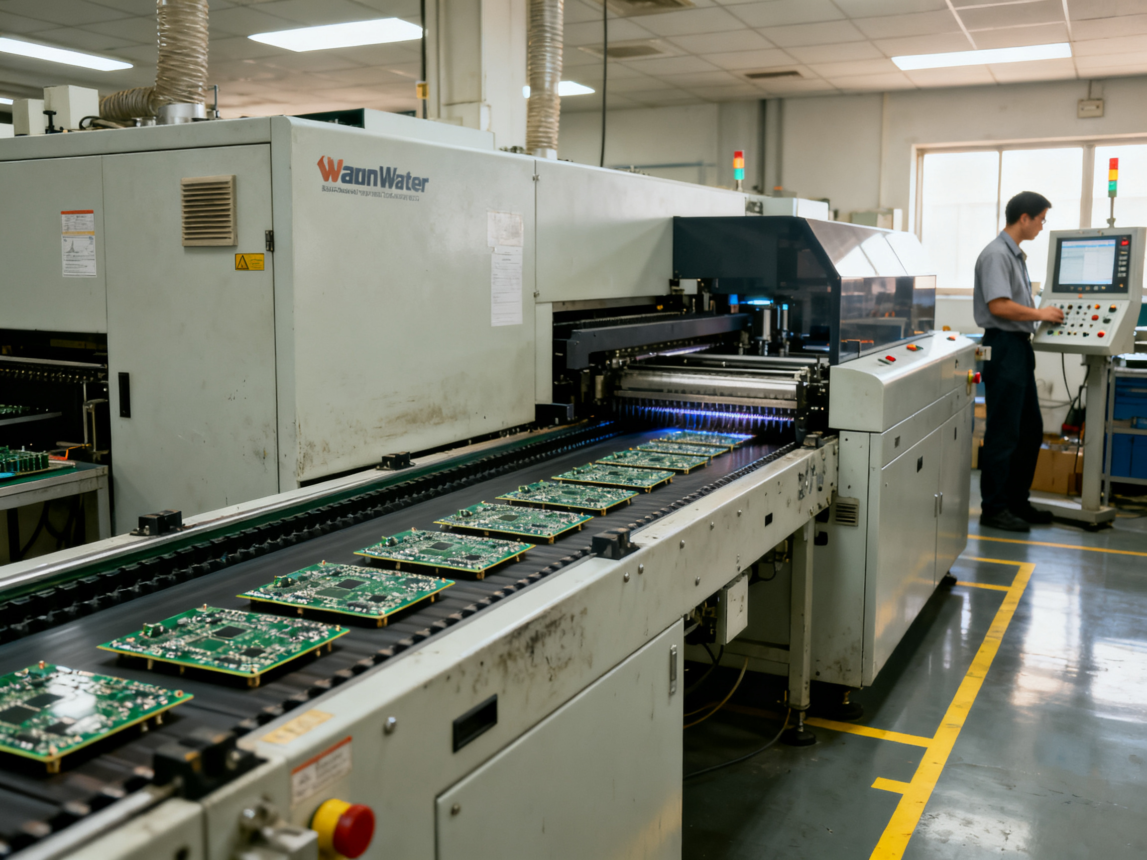 Wave Soldering Machine Price Guide: Models, Brands and Regional Costs in 20261 - S&M Co.Ltd Inline wave soldering machine in an electronics assembly factory with conveyor running.