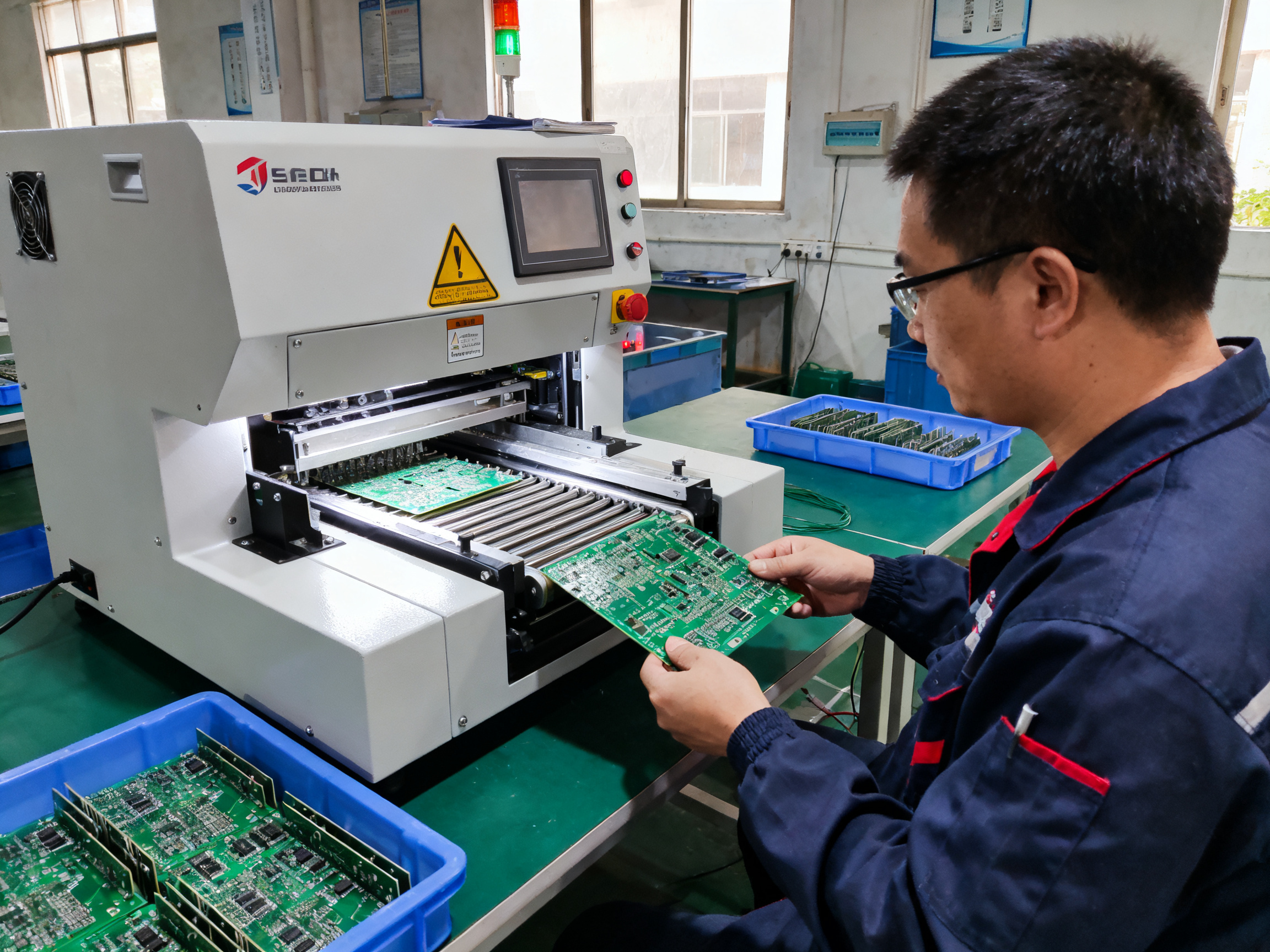 Wave Soldering Machine Price Guide: Models, Brands and Regional Costs in 2026 - S&M Co.Ltd Compact benchtop wave soldering system in a small job shop operator loading a PCB.