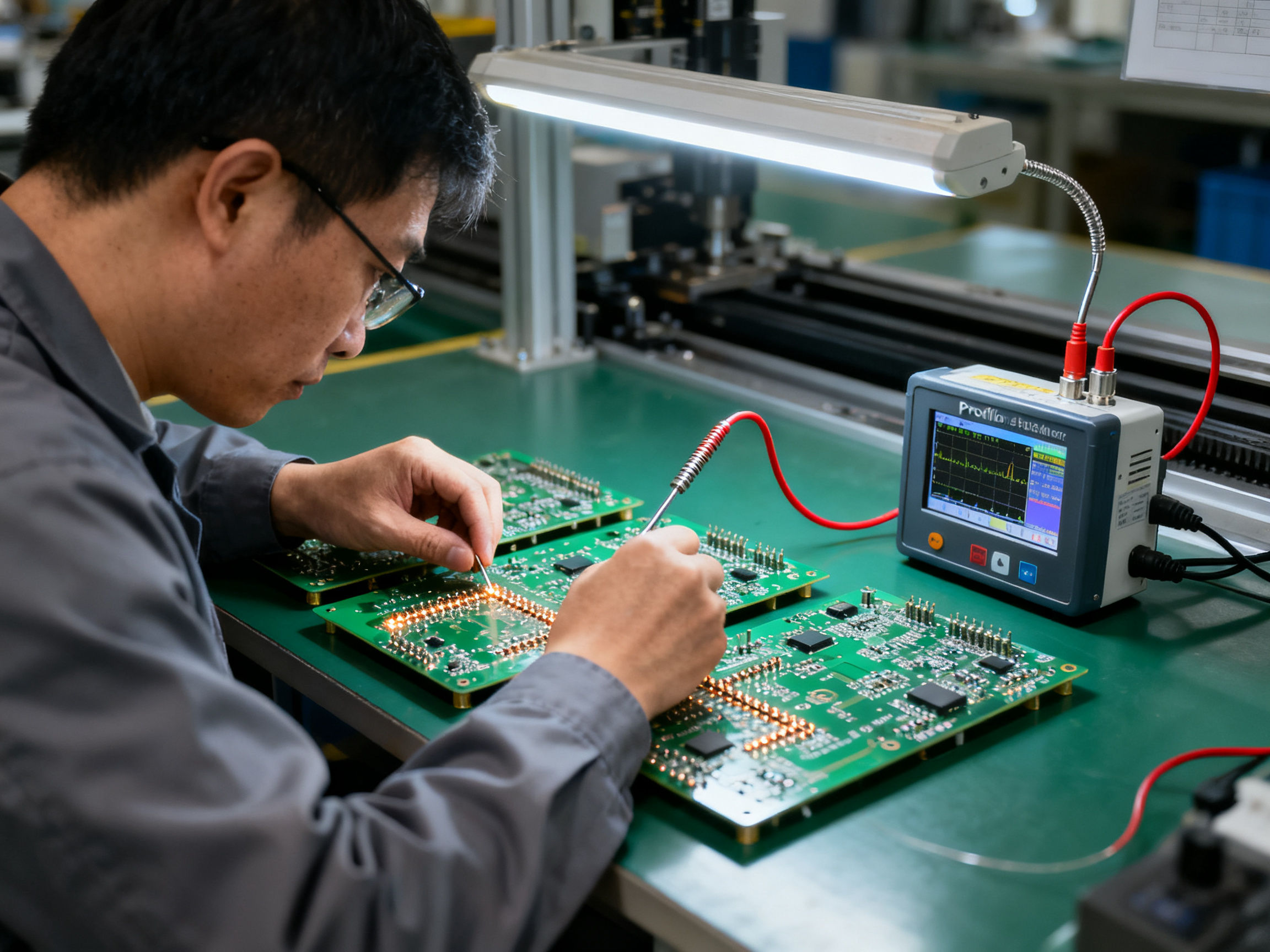 Wave Soldering Machine Price Guide: Models, Brands and Regional Costs in 20263 - S&M Co.Ltd Process engineer validating solder joint quality on finished PCBs close up inspection.