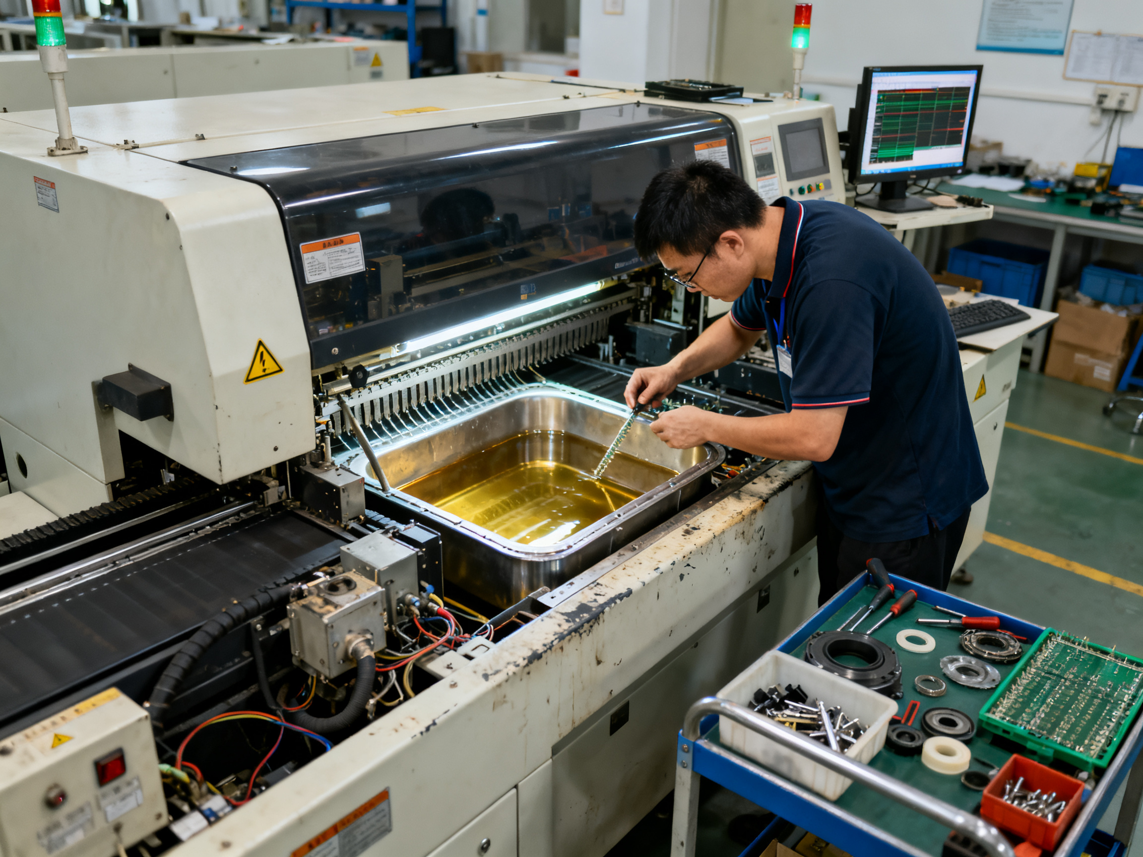Wave Soldering Machine Price Guide: Models, Brands and Regional Costs in 20262 - S&M Co.Ltd Maintenance technician performing preventive service on a wave soldering machine.