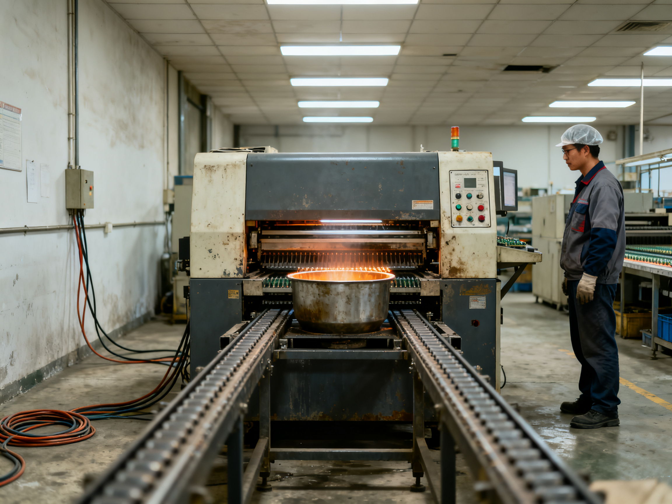 Step-by-Step Guide to Wave Soldering Machine Setup: Tips and Trends - S&M Co.Ltd Medium shot of an industrial wave soldering machine in a working electronics facility.