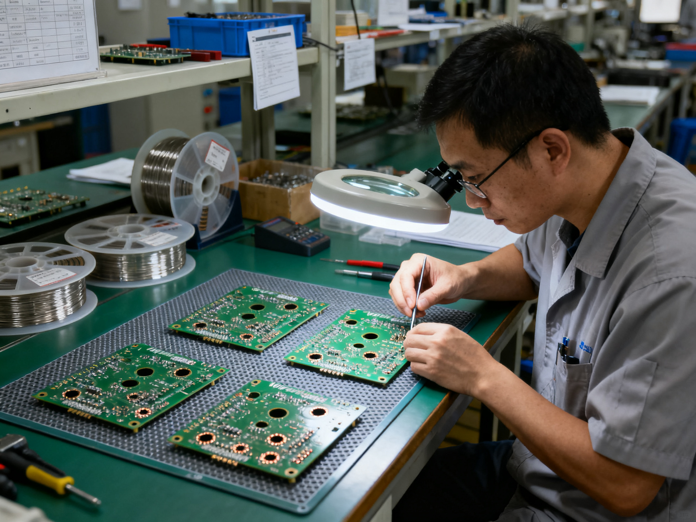 Quality technician examining freshly wave soldered PCB assemblies on a workbench.