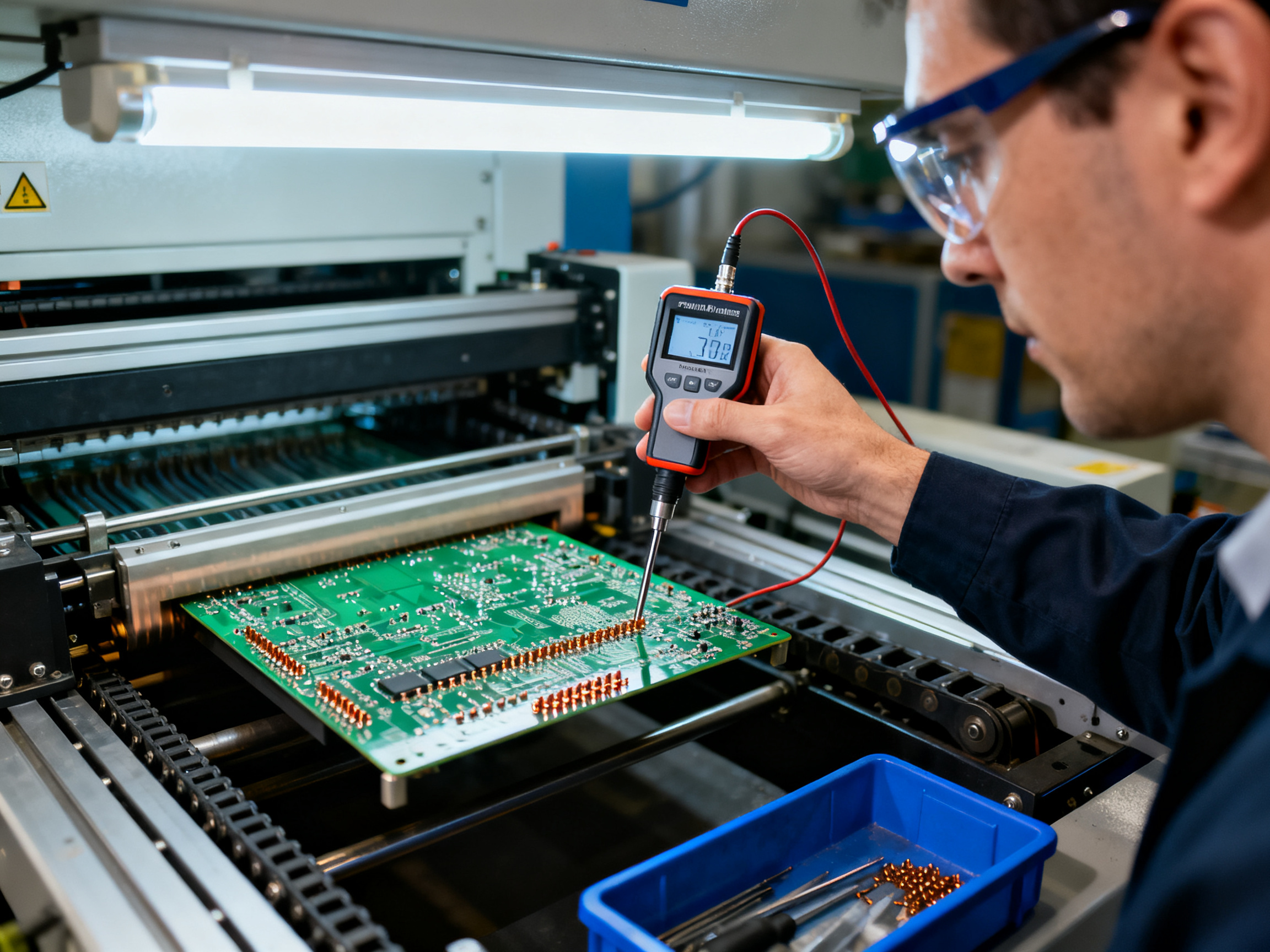 Step-by-Step Guide to Wave Soldering Machine Setup: Tips and Trends1 - S&M Co.Ltd Close up documentary view of wave soldering profile validation in an electronics factory setting.