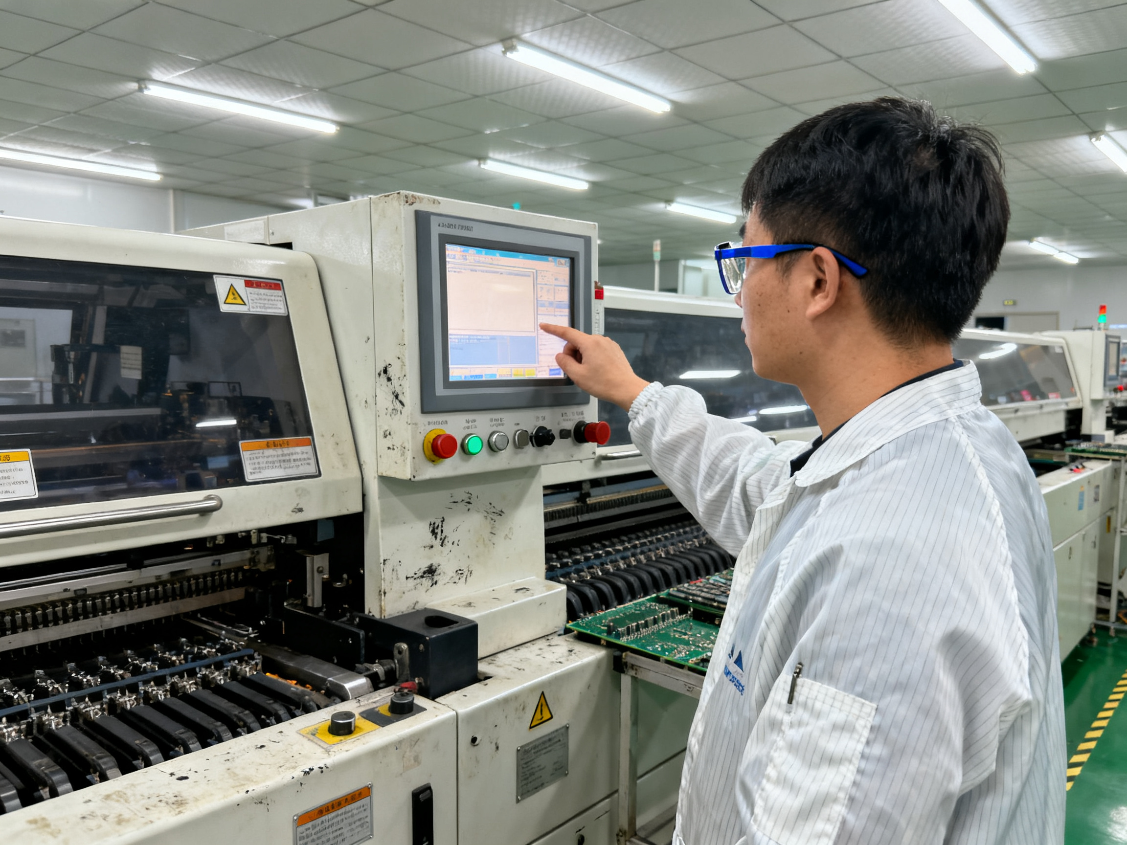 Operator in safety glasses and ESD gear checking the control panel HMI on a wave soldering machine.