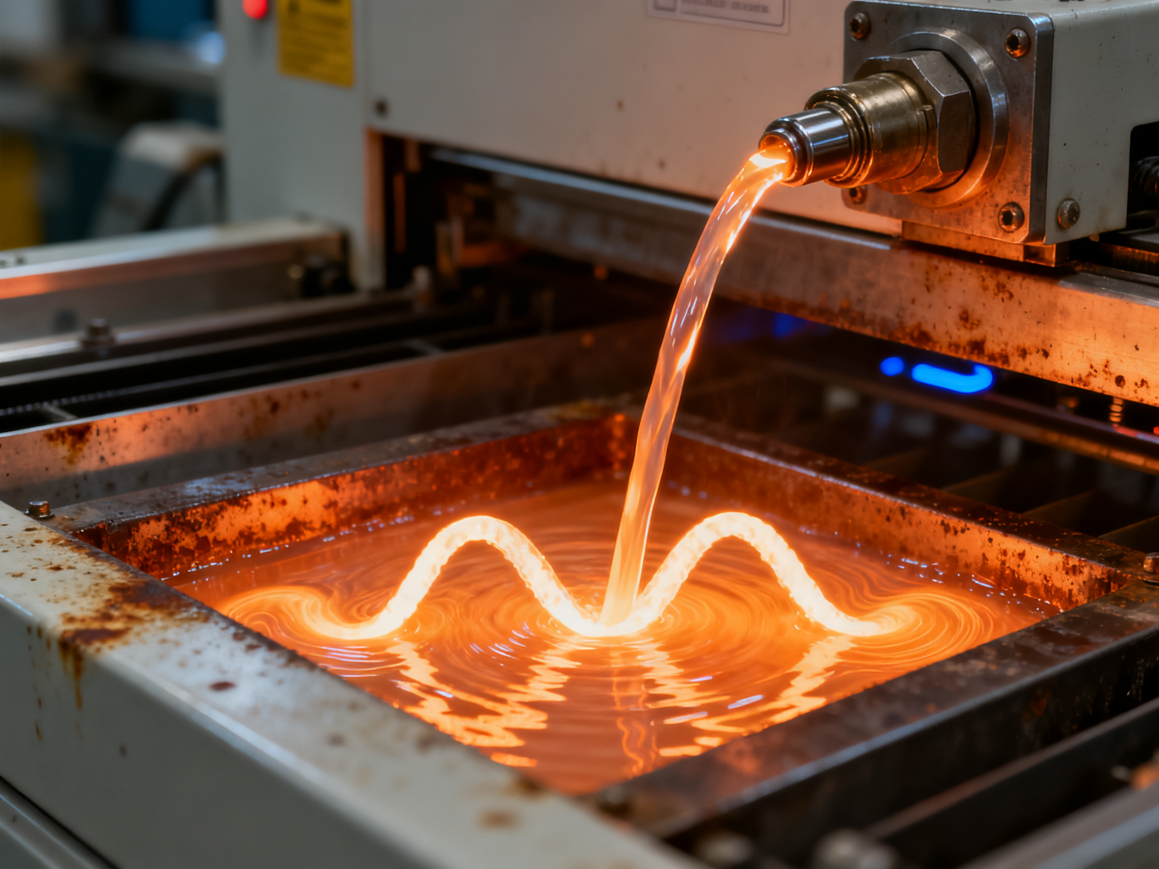 Close up of molten solder wave formation at the nozzle exit on a wave soldering machine.