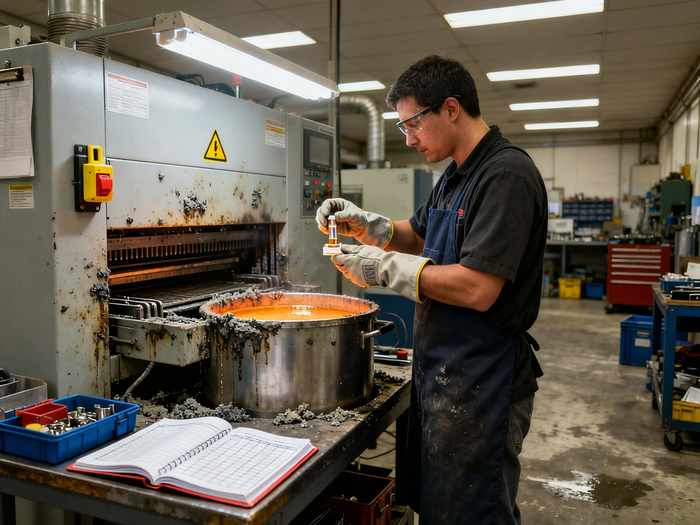 Step-by-Step Guide to Wave Soldering Machine Setup: Tips and Trends3 - S&M Co.Ltd Industrial maintenance scene in an electronics factory showing a technician checking equipment.