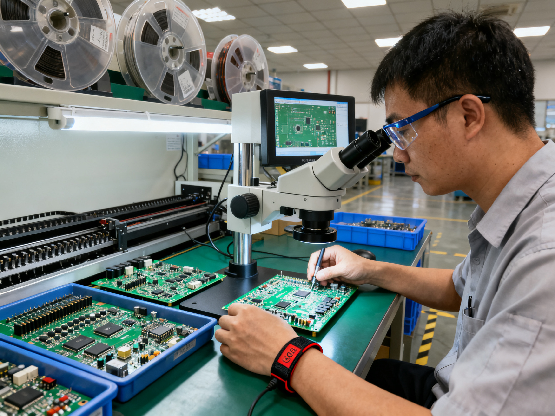 Step-by-Step Guide to Wave Soldering Machine Setup: Tips and Trends2 - S&M Co.Ltd Documentary style quality inspection scene in an electronics assembly factory with a technician examining boards.