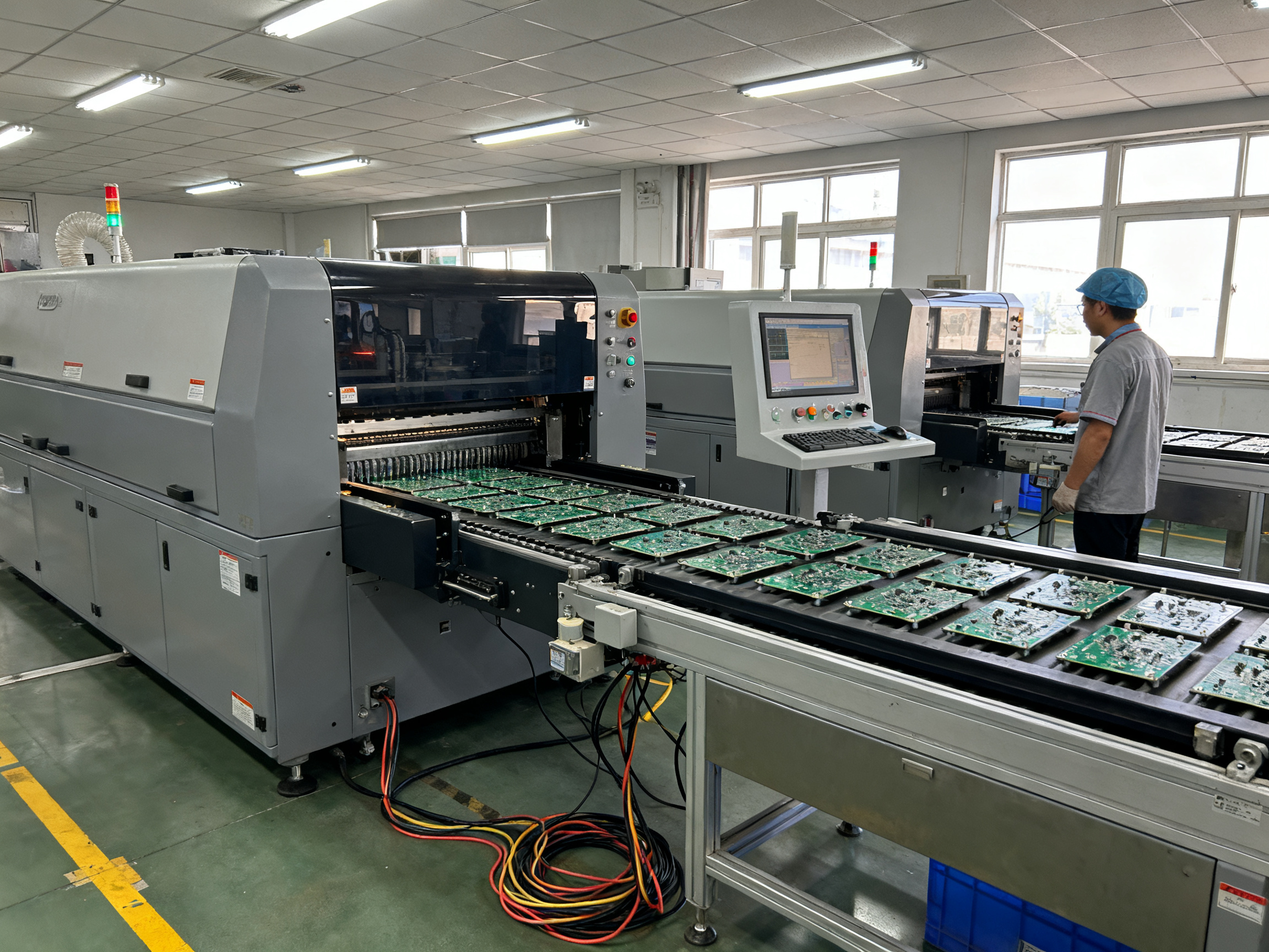 The Ultimate Guide to Wave Soldering Machines in Electronics Manufacturing: Benefits, Comparisons, and Practical Insights - S&M Co.Ltd Electronics assembly factory floor with wave soldering machine in mid production circulation.