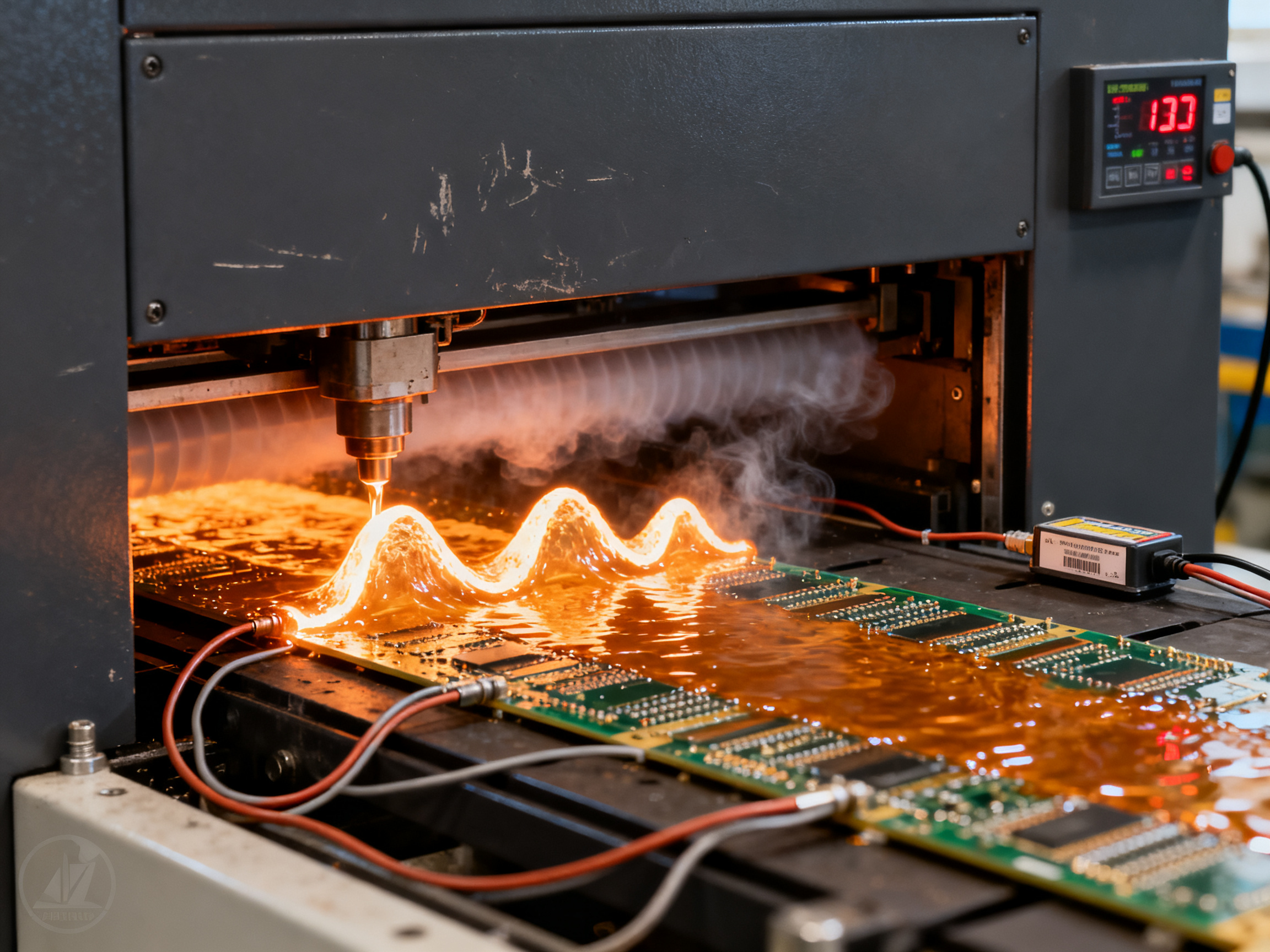 Wave Soldering Machines: Comparing Prices, Features, and Types for 20261 - S&M Co.Ltd Close up documentary view of molten solder wave forming as pcb passes through tu.
