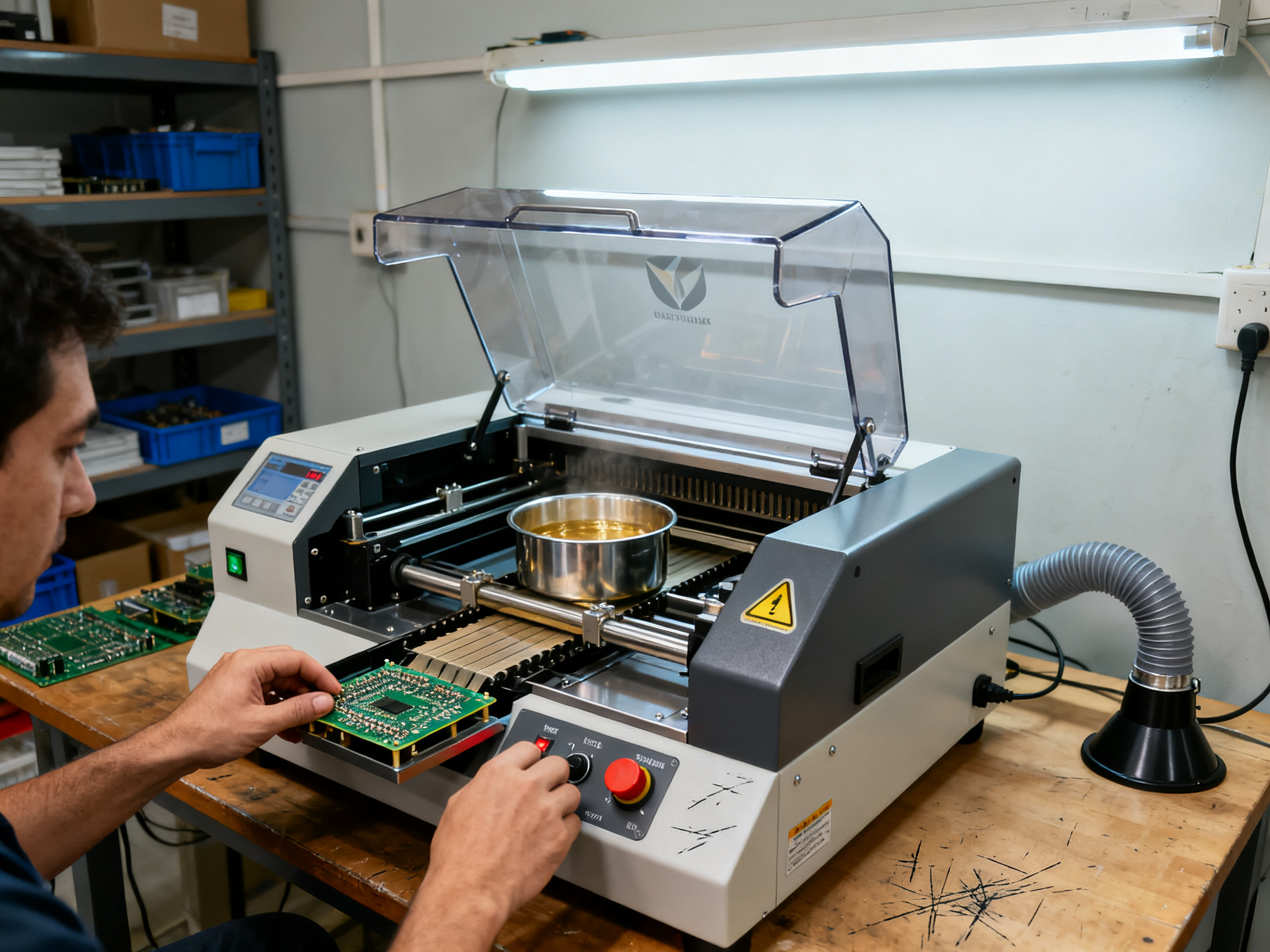 Wave Soldering Machines: Comparing Prices, Features, and Types for 20262 - S&M Co.Ltd Compact benchtop wave soldering machine in small electronics workshop desktop un.