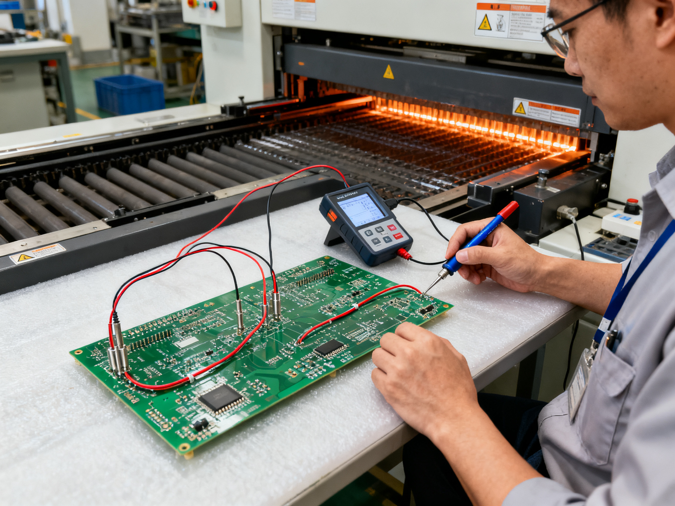 The Ultimate Guide to Wave Soldering Machines in Electronics Manufacturing: Benefits, Comparisons, and Practical Insights2 - S&M Co.Ltd Electronics manufacturing engineer validating wave soldering process with thermocouples.