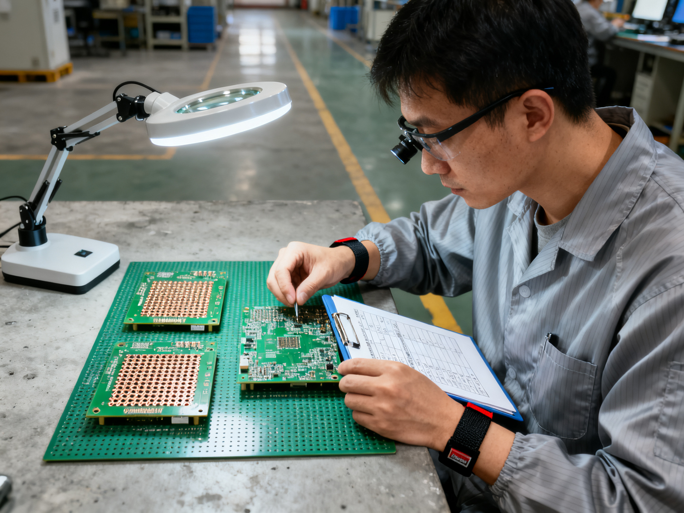 Wave Soldering Machines: Comparing Prices, Features, and Types for 20263 - S&M Co.Ltd Engineer conducting quality inspection of soldered pcb assemblies under bright f.