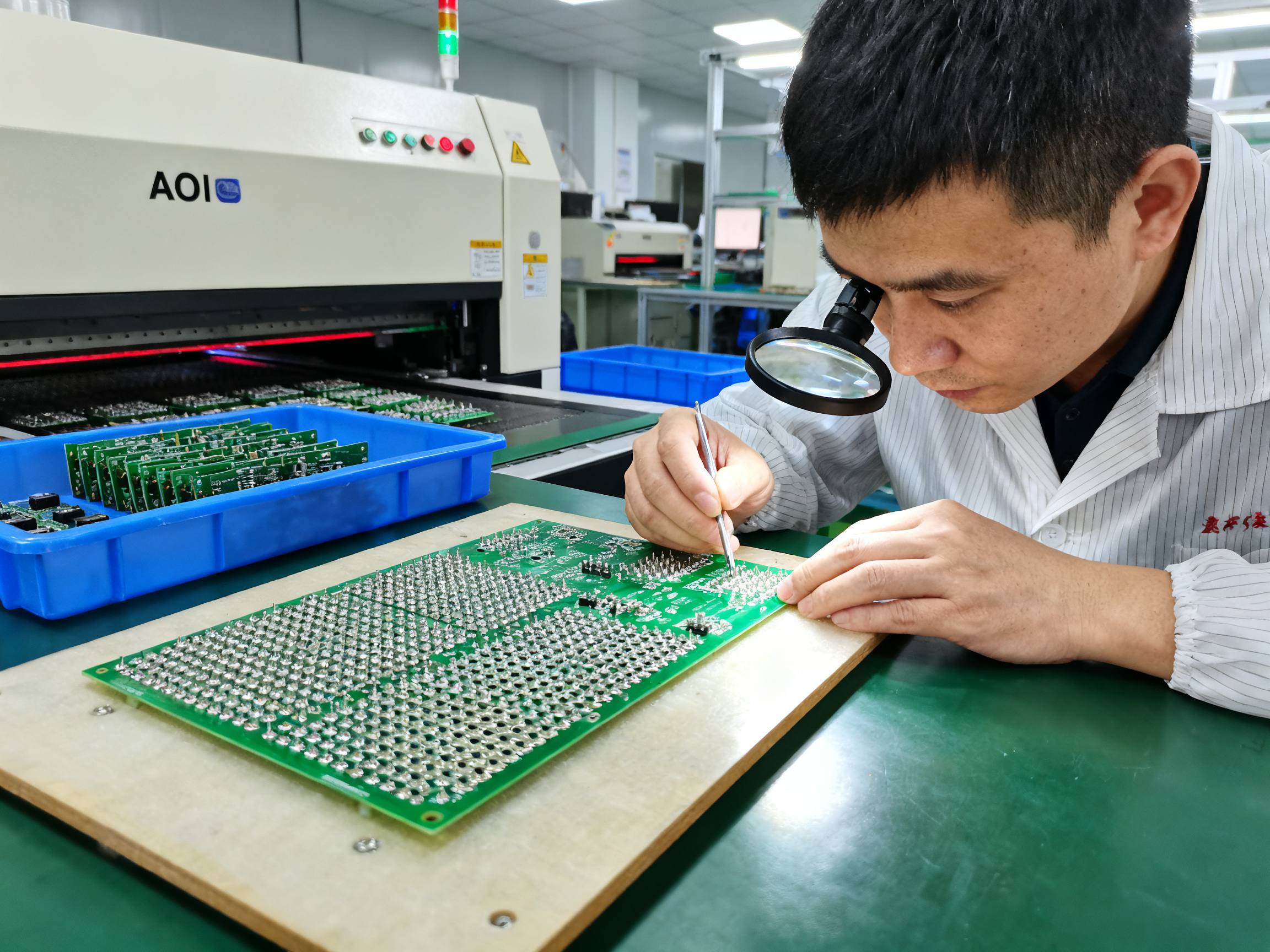 The Ultimate Guide to Wave Soldering Machines in Electronics Manufacturing: Benefits, Comparisons, and Practical Insights3 - S&M Co.Ltd Quality inspection station in electronics factory with finished soldered PCB.