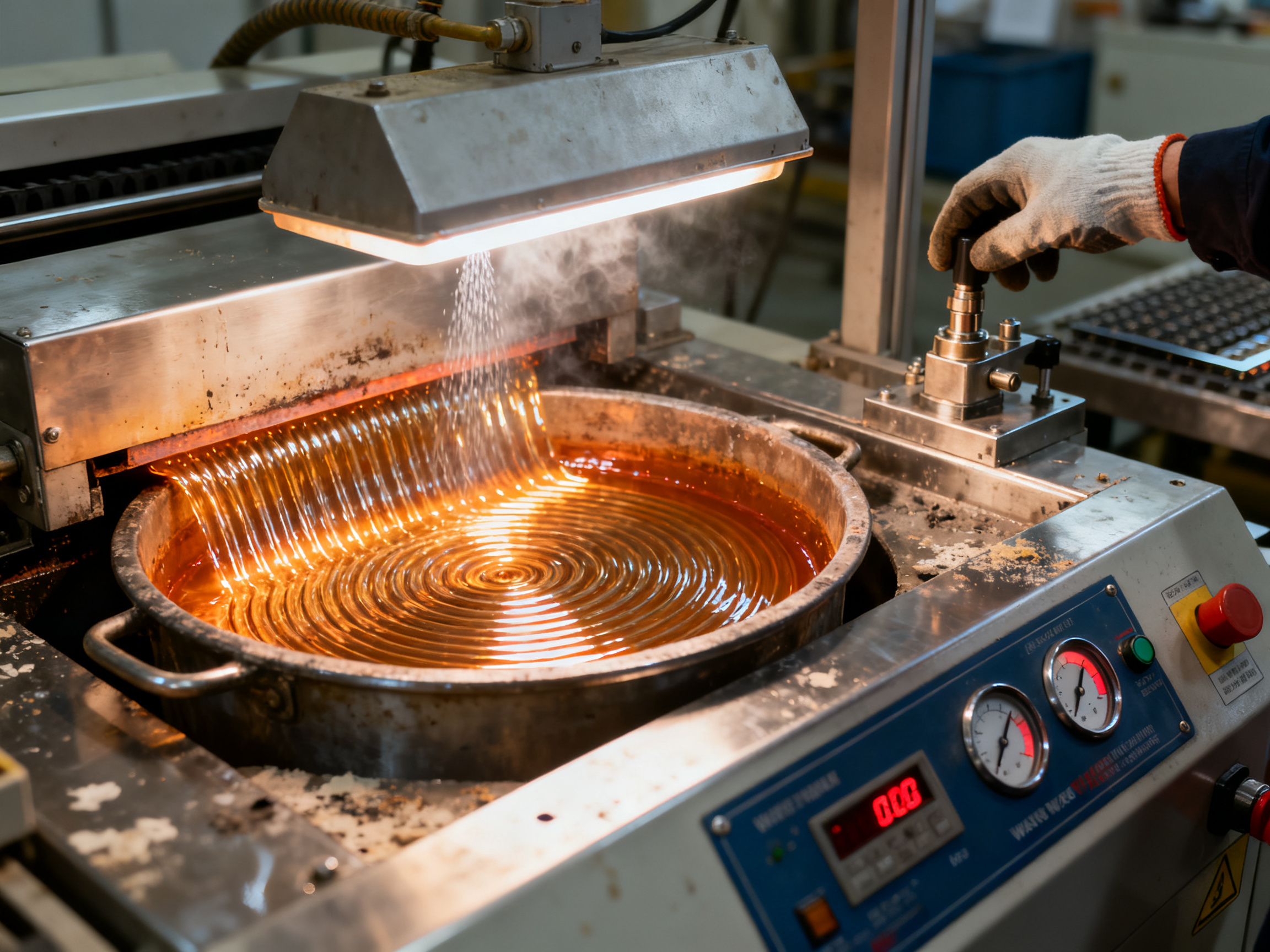Close documentary view of molten solder wave in industrial wave soldering machine showing the turbulent wave action and solder flow characteristics.
