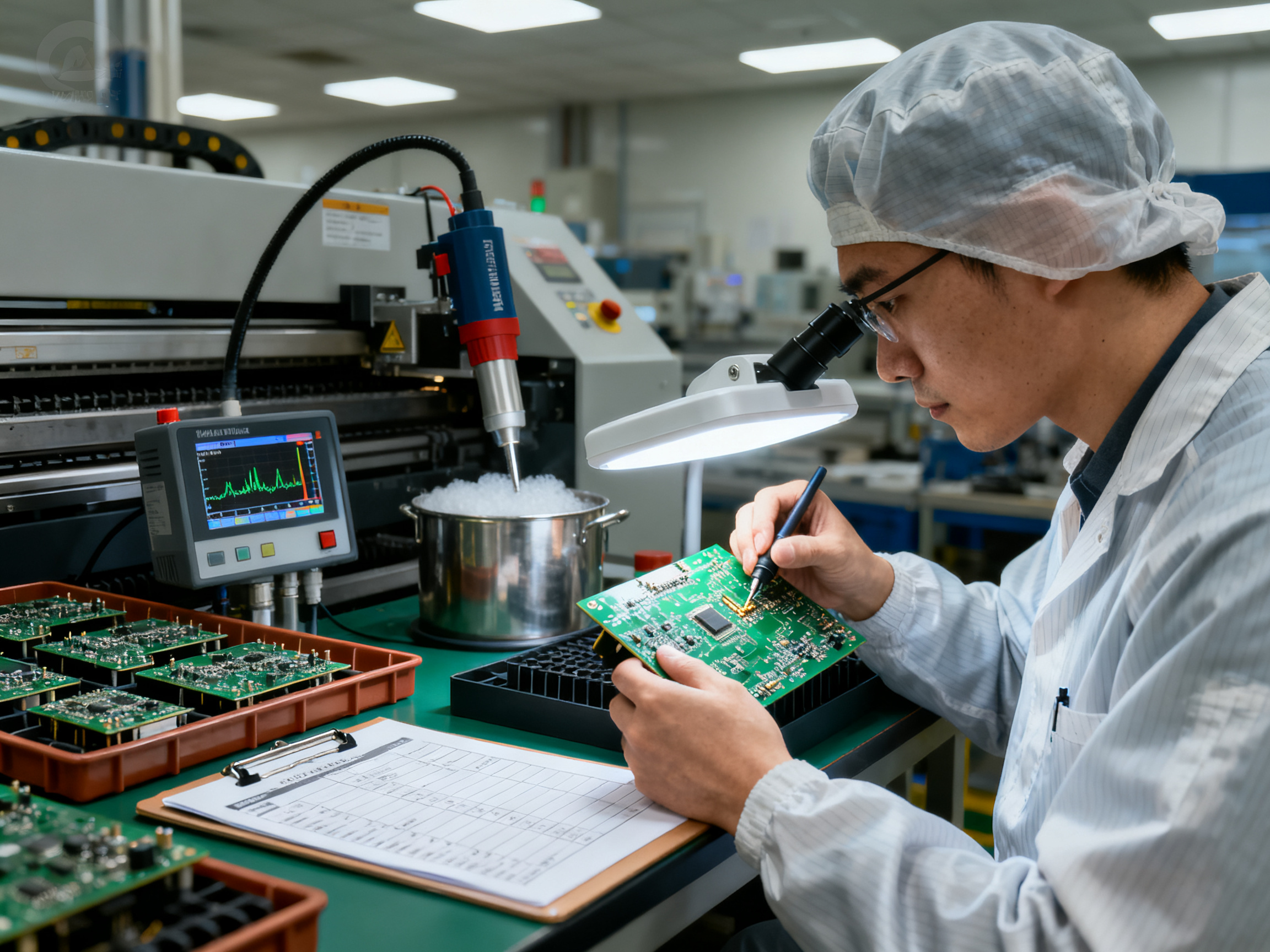 Engineer in cleanroom appropriate attire examining printed circuit board after wave soldering process inspection showing quality verification procedures.