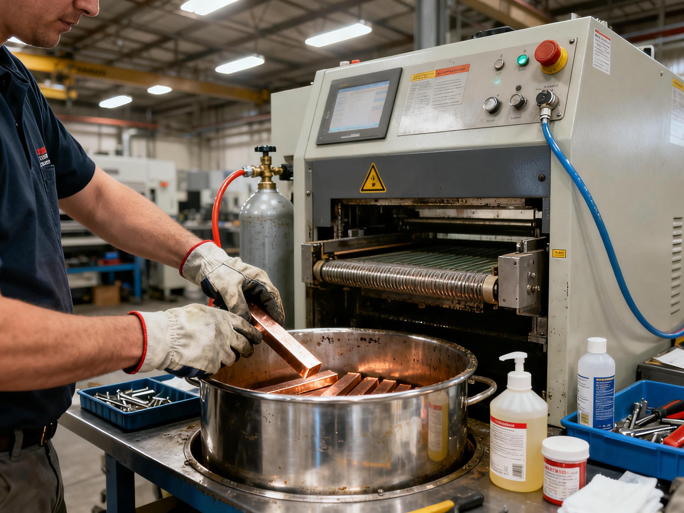 Operator in safety gloves loading solder bar into industrial wave soldering machine solder pot showing proper handling and safety procedures.