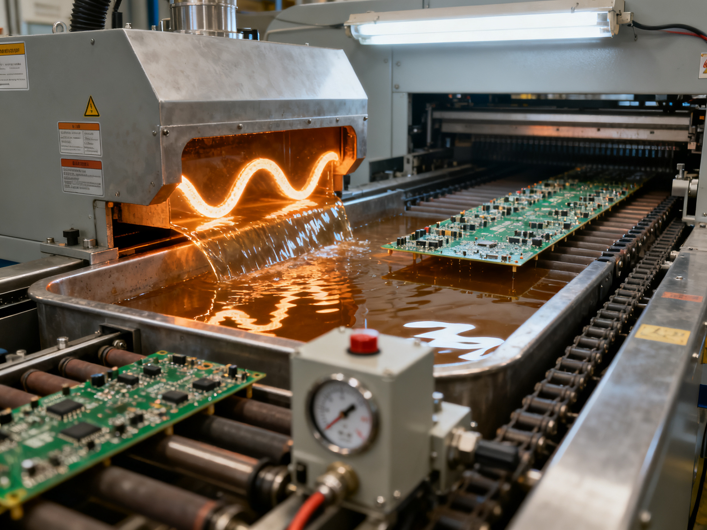 Wave Soldering Process Explained: A Complete Technical Guide for Manufacturing Professionals3 - S&M Co.Ltd Close up documentary view of a wave soldering machine solder pot section at a standard electronics manufacturing facility.