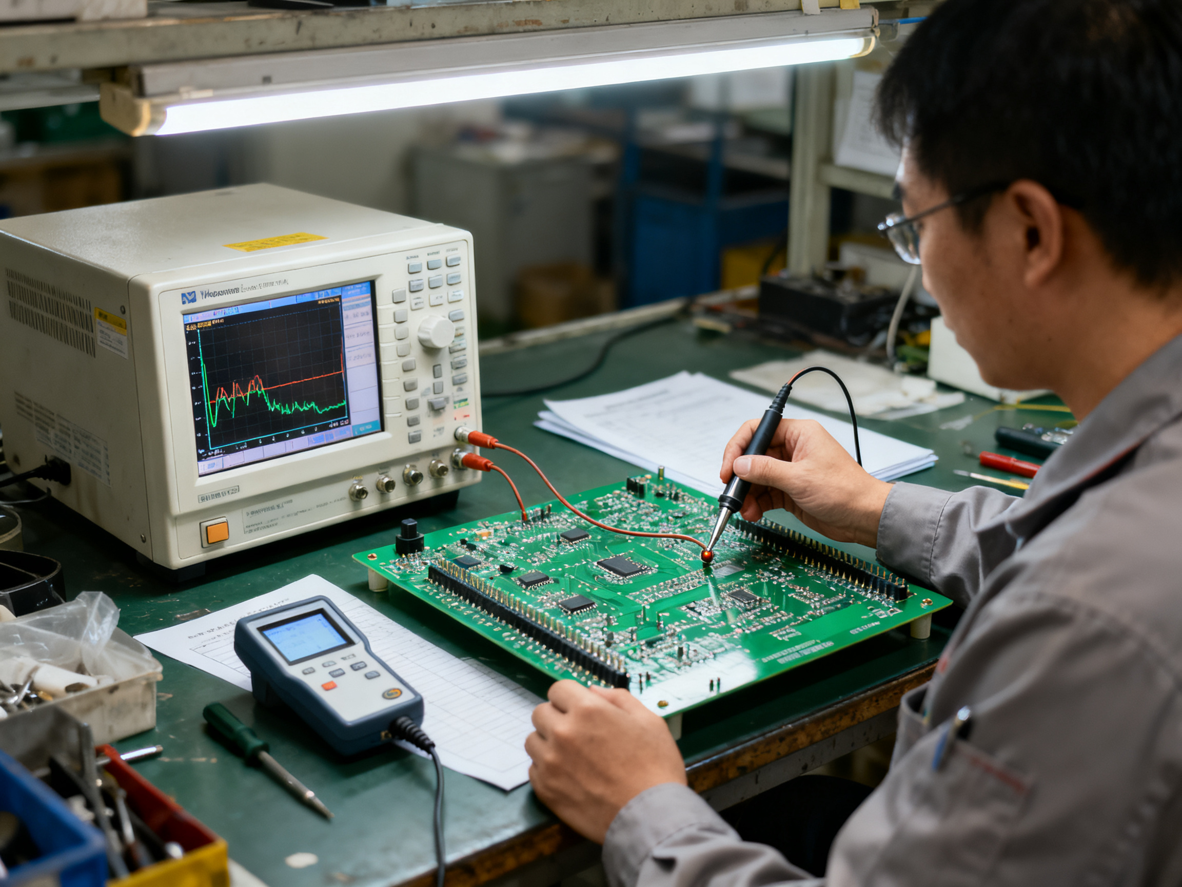 Wave Soldering Process Explained: A Complete Technical Guide for Manufacturing Professionals6 - S&M Co.Ltd Electronics factory quality control area an engineer in standard workwear uses a measuring instrument for inspection.