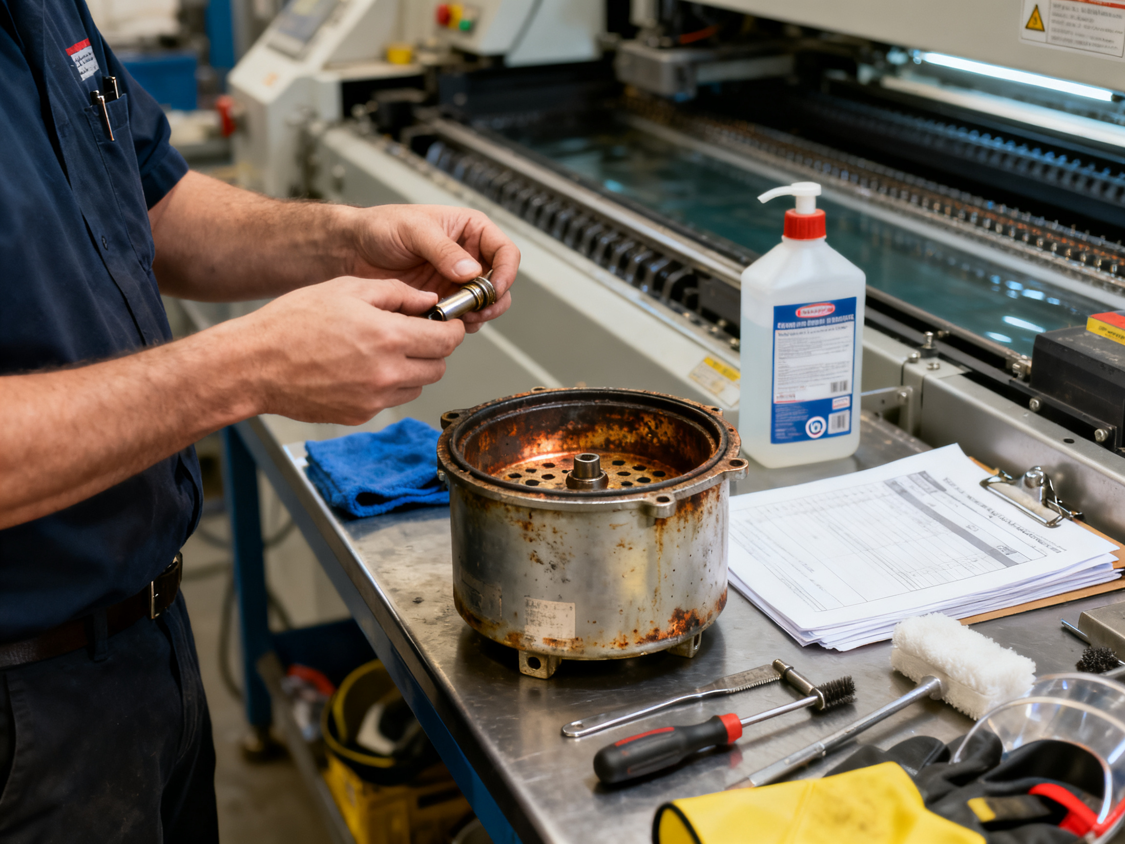 Wave Soldering Process Explained: A Complete Technical Guide for Manufacturing Professionals7 - S&M Co.Ltd Standard electronics factory maintenance area a technician inspects a removed solder nozzle component.