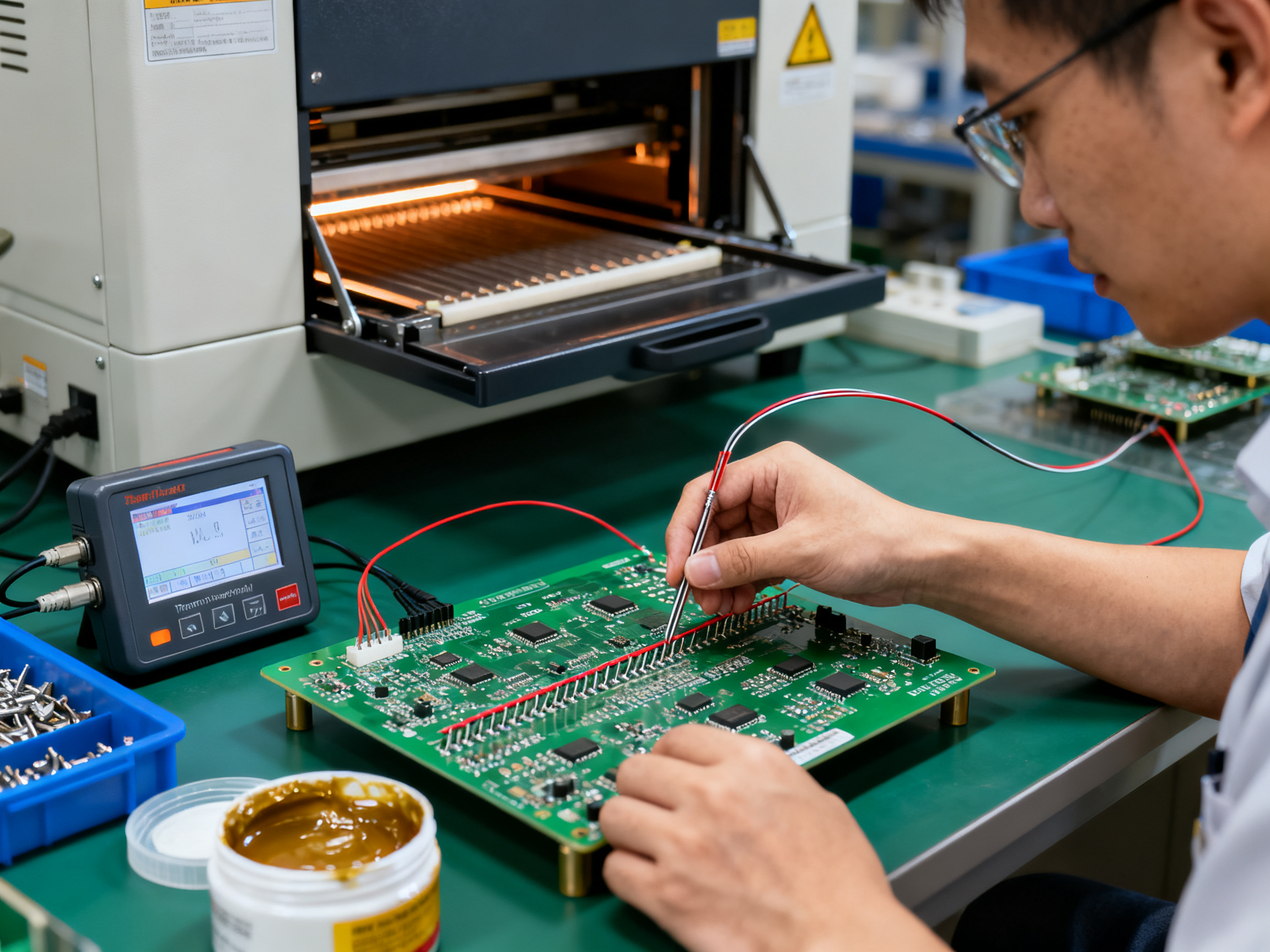Top Small Batch Reflow Ovens: Applications, Trends, and How to Choose the Best1 - S&M Co.Ltd Close up of engineer placing thermocouples on a pcb assembly for thermal profiling verification.