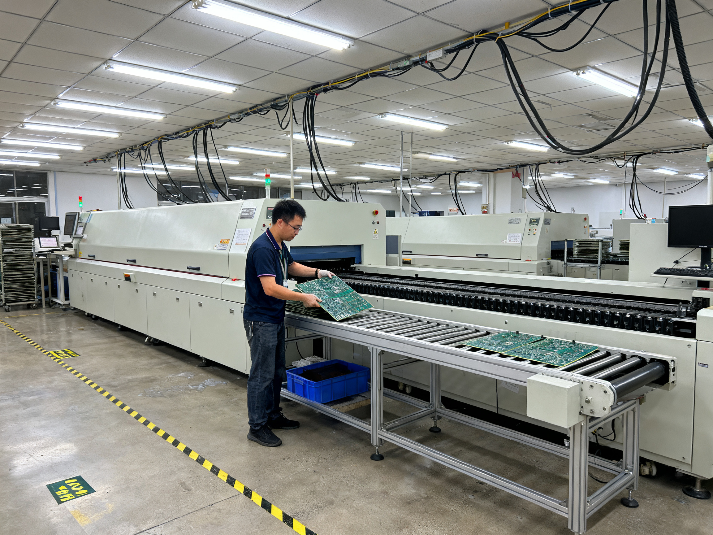 Top Small Batch Reflow Ovens: Applications, Trends, and How to Choose the Best2 - S&M Co.Ltd Mid size smt production line section with a conveyor reflow oven operator loading boards onto the conveyor belt for continuous processing.