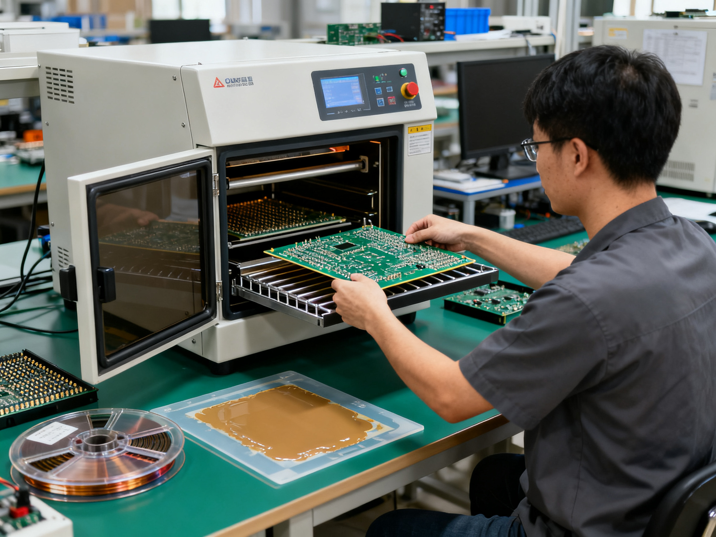 Top Small Batch Reflow Ovens: Applications, Trends, and How to Choose the Best3 - S&M Co.Ltd Small batch electronics assembly workstation with benchtop reflow oven door open showing pcb board loaded inside ready for reflow processing.
