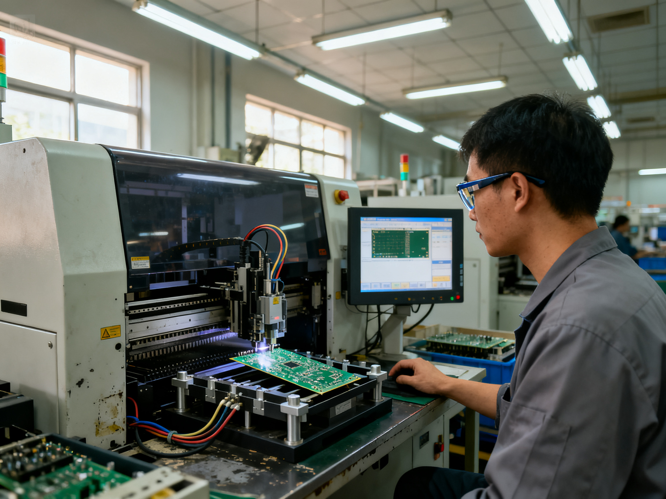 Mastering the Selective Soldering Process: Step-by-Step Guide with Expert Tips - S&M Co.Ltd Smt factory floor with selective soldering machine in production one operator in.