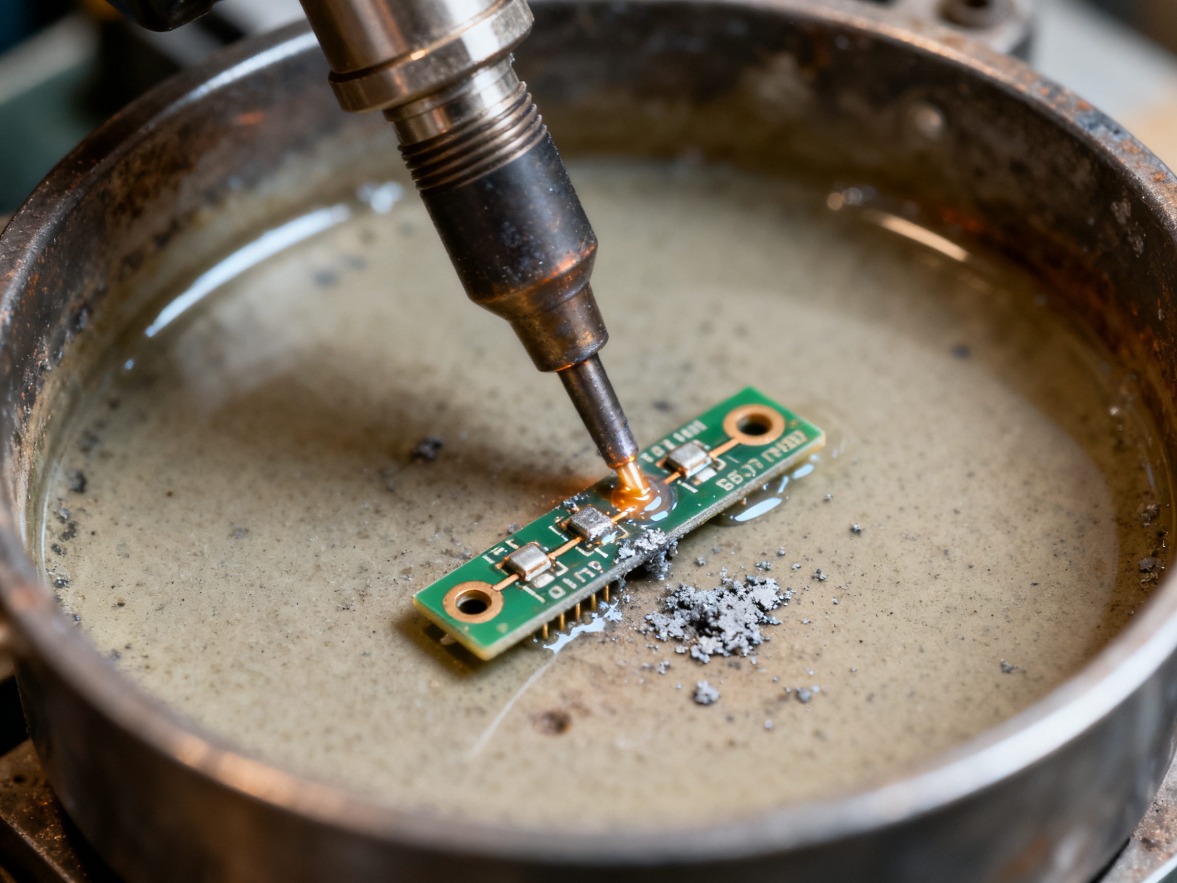 Mastering the Selective Soldering Process: Step-by-Step Guide with Expert Tips1 - S&M Co.Ltd Close up documentary shot of selective soldering process in action miniature solder pot.