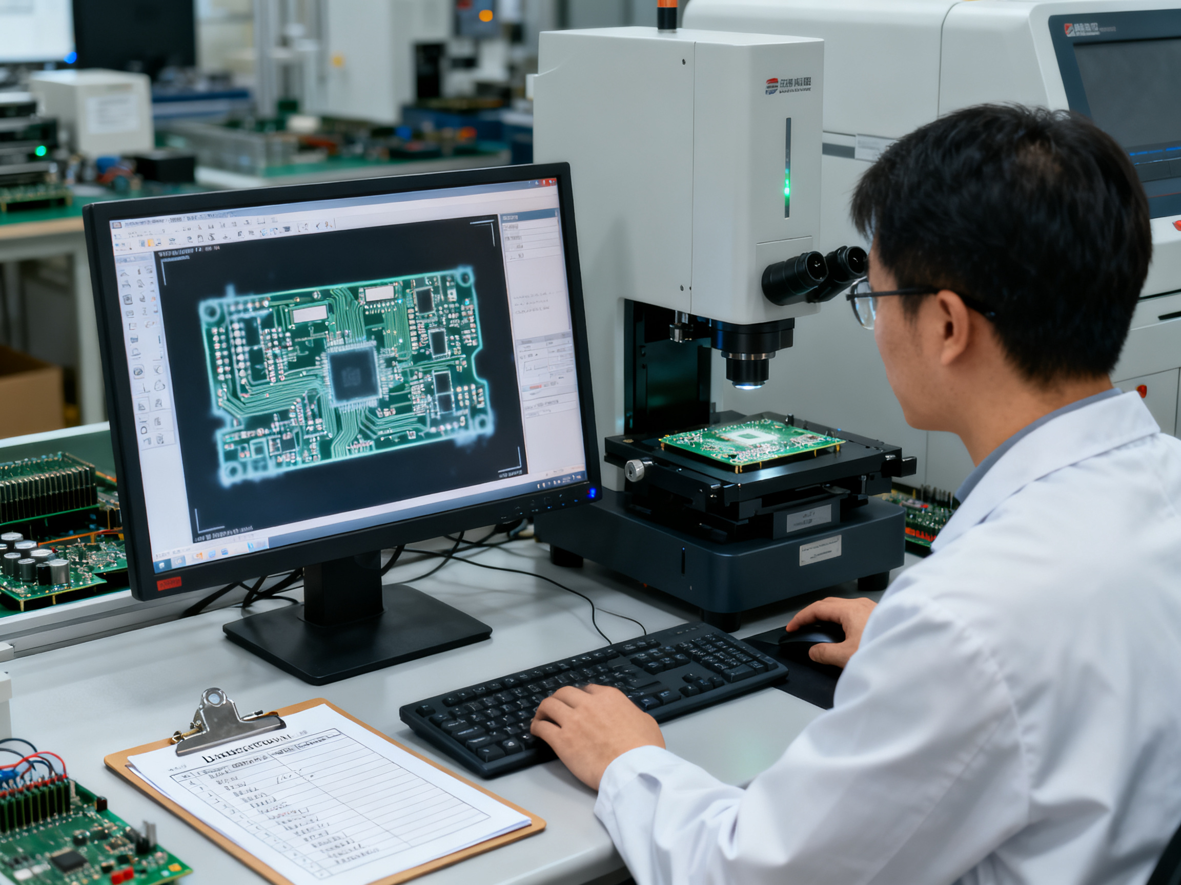 Mastering the Selective Soldering Process: Step-by-Step Guide with Expert Tips2 - S&M Co.Ltd Quality inspection station in electronics assembly area technician reviewing x ray results.