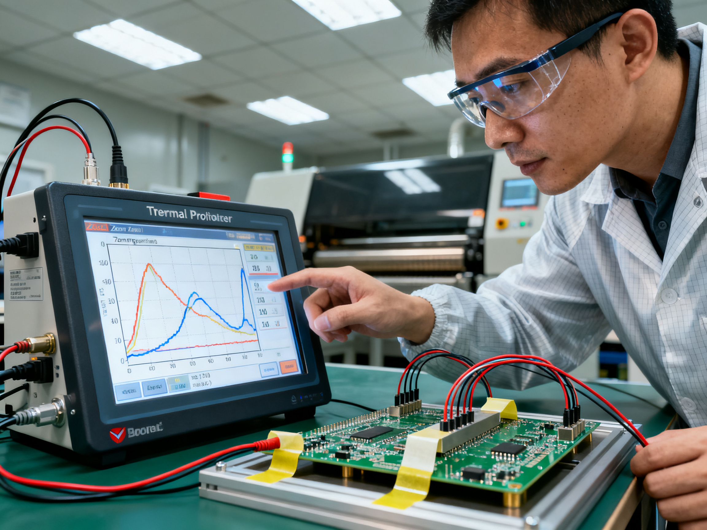 The Ultimate Guide to Reflow Oven Temperature Profiles: Zones, Cycles, & Critical Soldering Factors1 - S&M Co.Ltd Close up view of thermal profiler data logger display showing temperature curves.