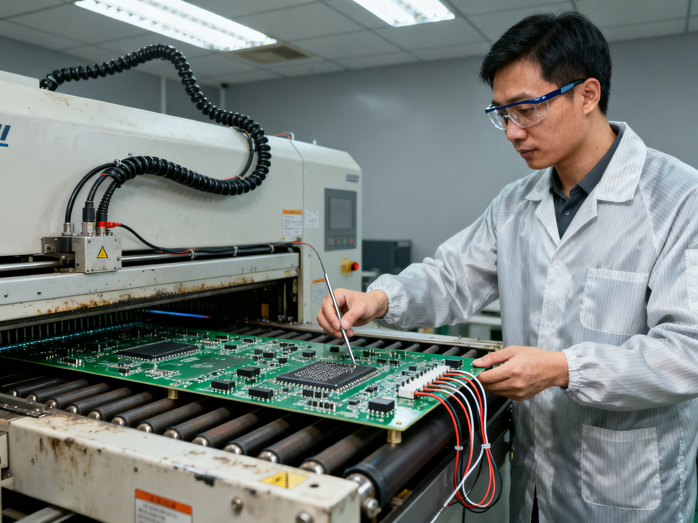 The Ultimate Guide to Reflow Oven Temperature Profiles: Zones, Cycles, & Critical Soldering Factors2 - S&M Co.Ltd Engineer in safety glasses and ESD coat carefully placing PCB with thermocouples.