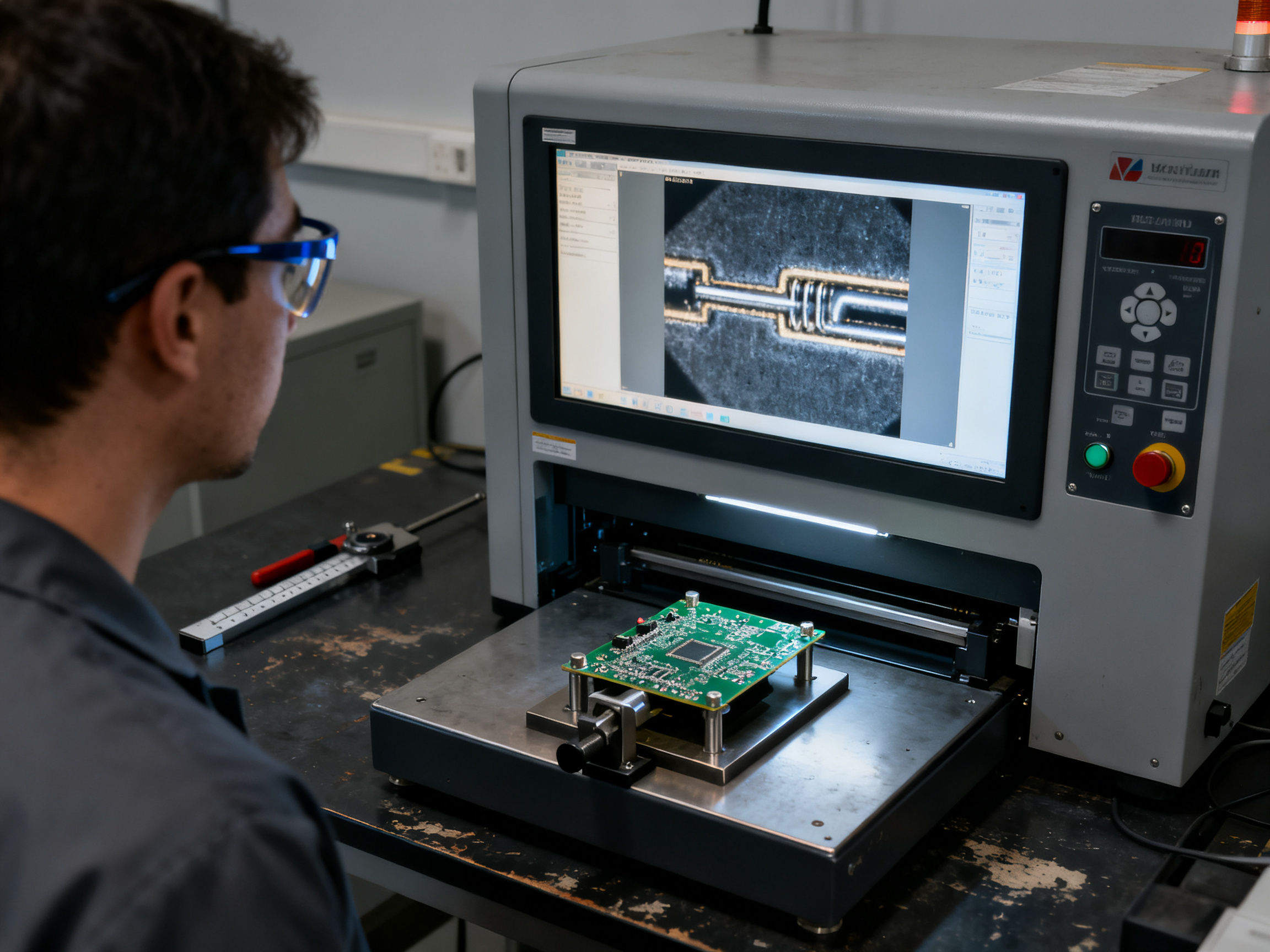 Reflow Soldering Defects: Complete Guide to Types, Causes & Prevention in 20262 - S&M Co.Ltd X-ray inspection station for BGA and QFN assemblies operator wearing safety glasses.