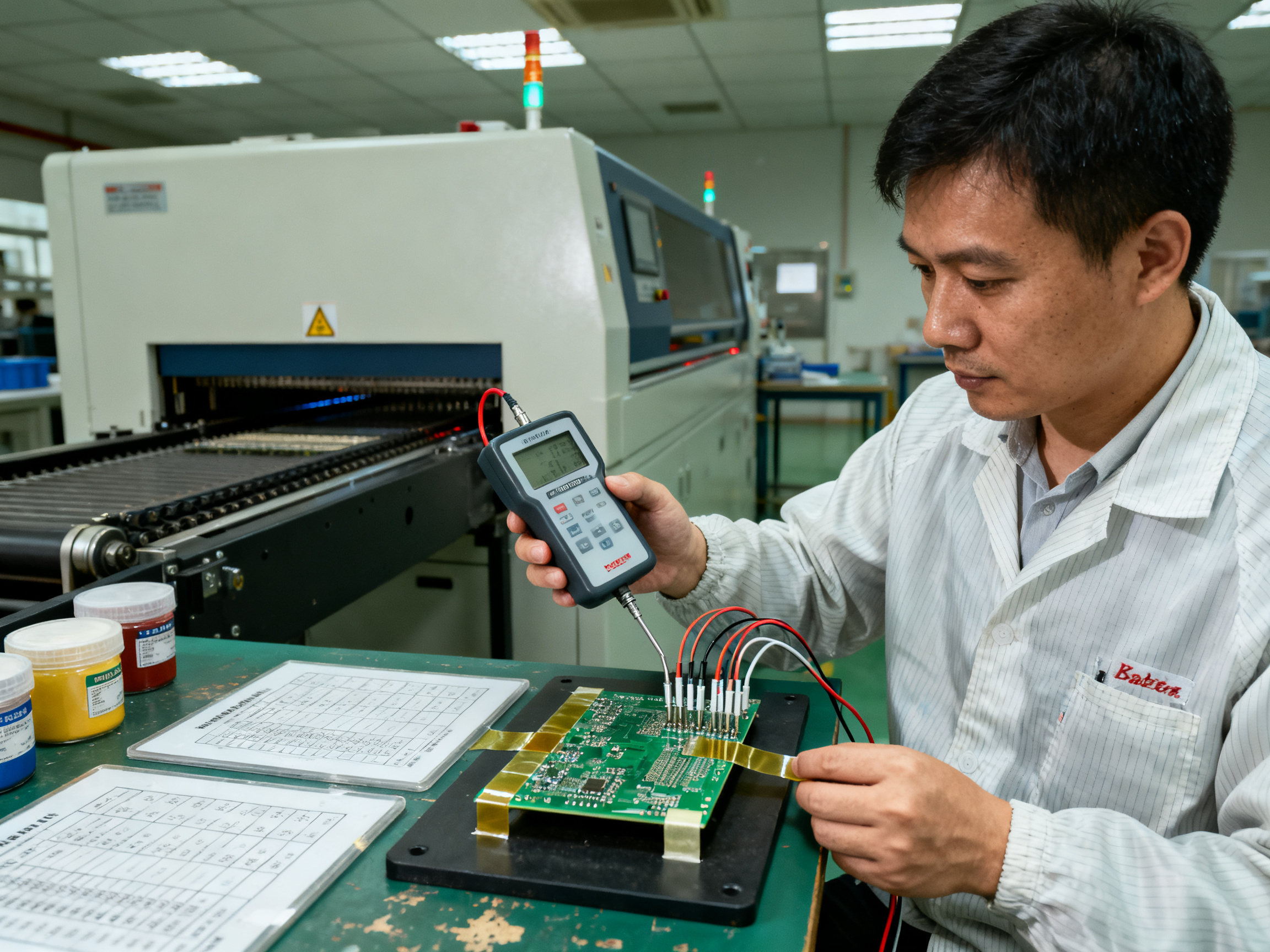 Reflow Soldering Defects: Complete Guide to Types, Causes & Prevention in 20263 - S&M Co.Ltd SMT process engineer holding thermocouple profiler device thermocouples attached.